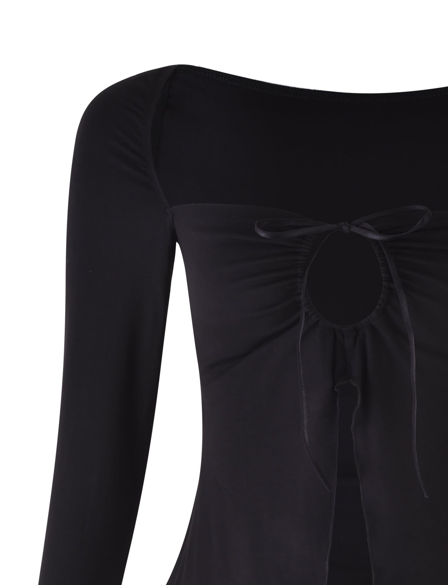 A close-up of the KAROLINA Jersey Long Sleeve Top in black by TIGERMIST shows the upper half, focusing on the neckline and chest area. The top features a round neckline with a small, central keyhole cutout adorned with a delicate bow tie. The fabric appears smooth and slightly stretchy.