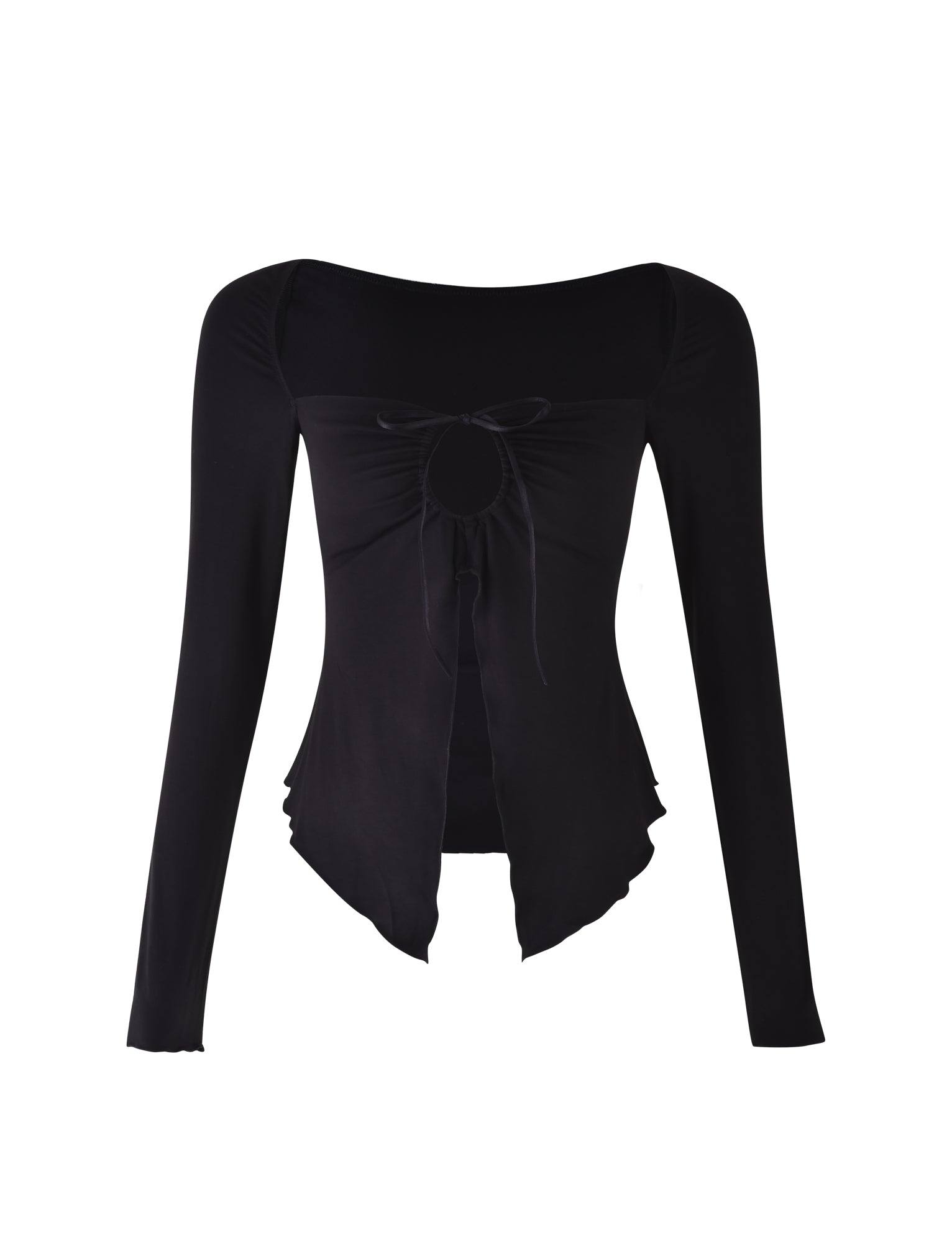 The KAROLINA JERSEY LONG SLEEVE TOP - BLACK from TIGERMIST boasts a square neckline and a central cut-out detail below the chest, adorned with a small bow. Featuring an asymmetrical hem with ruffled edges, this long-sleeved top offers a stylish and unique look.