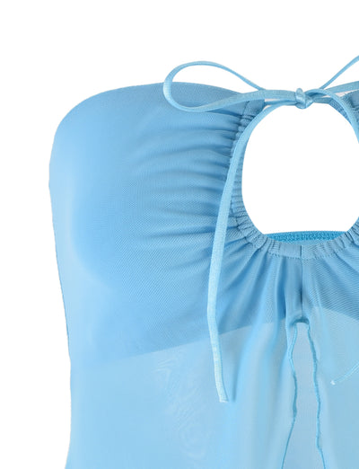 Close-up of a blue TIGERMIST KAROLINA MESH TOP in Baby Blue and Sky Blue. This halter-style top features a ruched front and an adjustable tie around the neck. The fabric appears to be lightweight and slightly sheer. The neckline is round with subtle gathers, set against a plain white background.