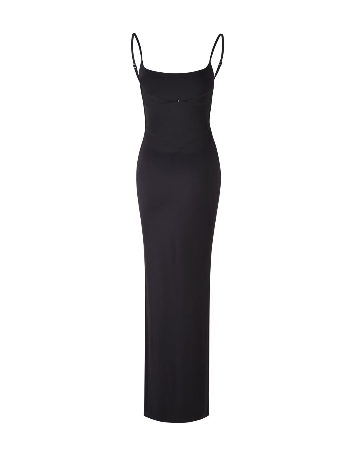 A TIGERMIST Minerva Maxi Dress in black features thin spaghetti straps and a form-fitting silhouette. The dress exudes elegance with its minimalist design and smooth fabric, making it ideal for formal or evening occasions. The background is plain white.