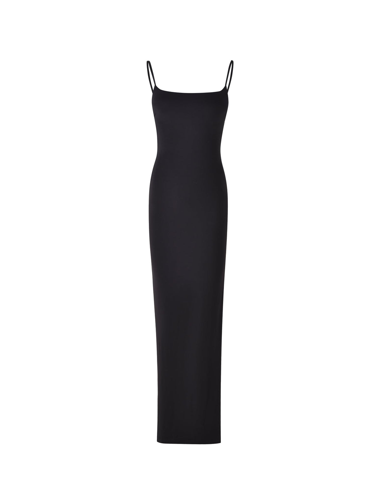 The MINERVA MAXI DRESS - BLACK by TIGERMIST is a long, sleeveless dress with thin spaghetti straps, showcasing a simple and elegant design. This form-fitting dress extends straight down to the floor. It is photographed against a white background.