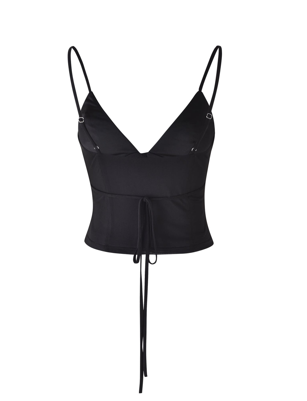 The KATINA CAMI - BLACK by TIGERMIST is a sleeveless crop top featuring thin spaghetti straps and a plunging V-neckline. This piece includes a front tie detail at the waist, adding a stylish element to its design.