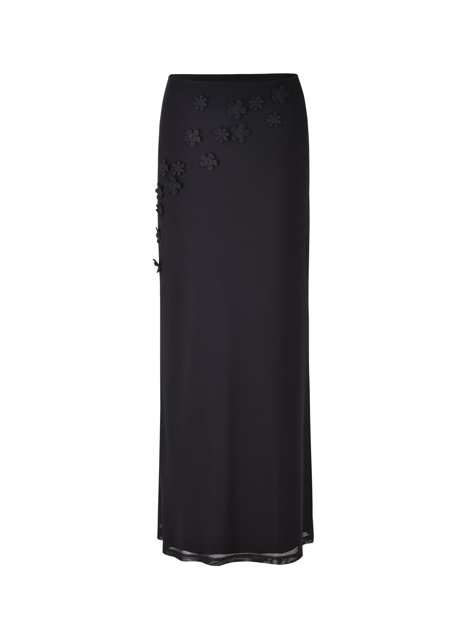 The KATINA SKIRT - BLACK by TIGERMIST is a long, elegant skirt featuring subtle, small floral embellishments scattered on the upper portion. Designed with a straight cut that reaches the ankles, it also boasts a slightly sheer hemline.