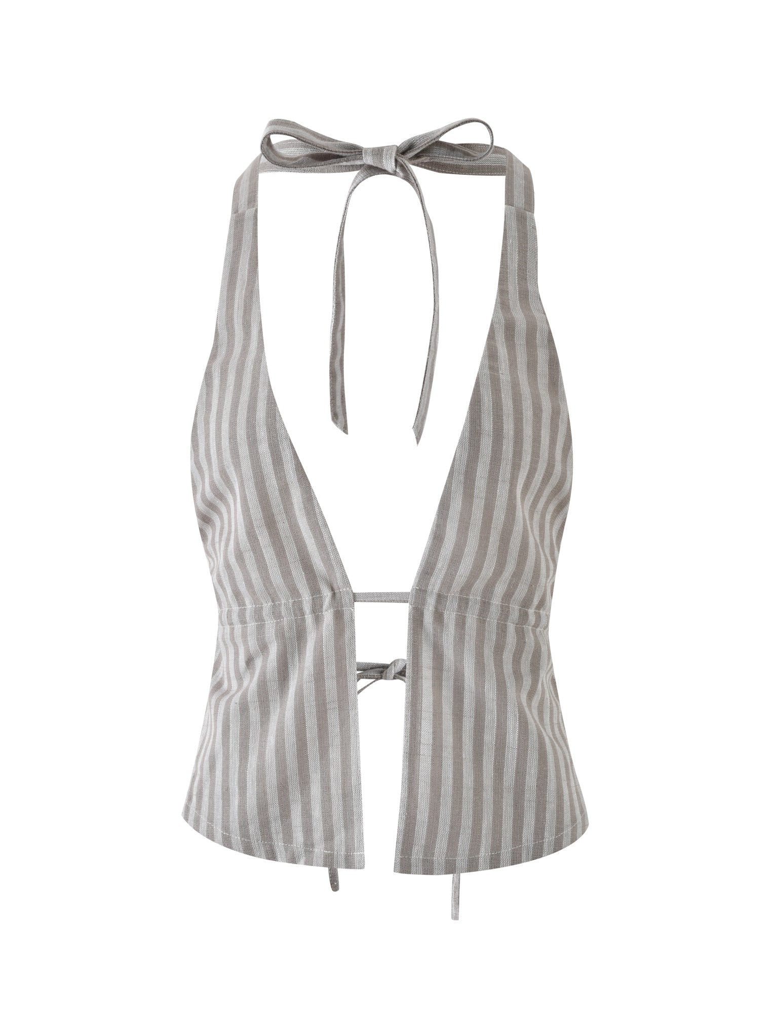 The LAINEY TOP - GREY : STRIPE by TIGERMIST is a halter neck top with a deep V-neckline, showcasing a gray and white vertical stripe pattern. It ties at the neck and mid-back, creating a stunning open-back design.