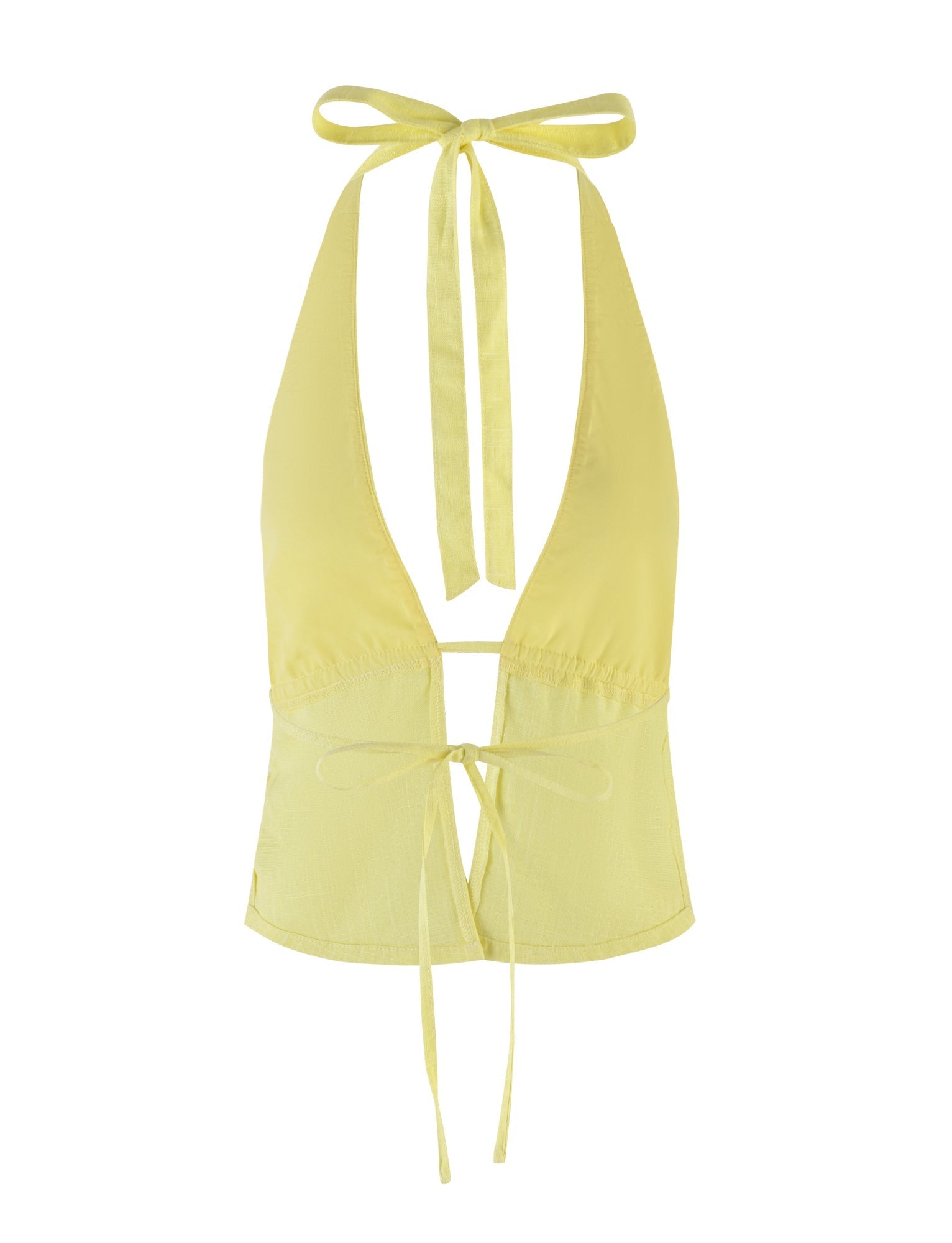 The LAINEY TOP - YELLOW : LEMON from TIGERMIST is a stylish halter top in a vibrant yellow shade. It features a deep V-neck and an open back, with thin ties at the neck and lower back that create an elegant bow in the front center. This design is perfect for summer wear.