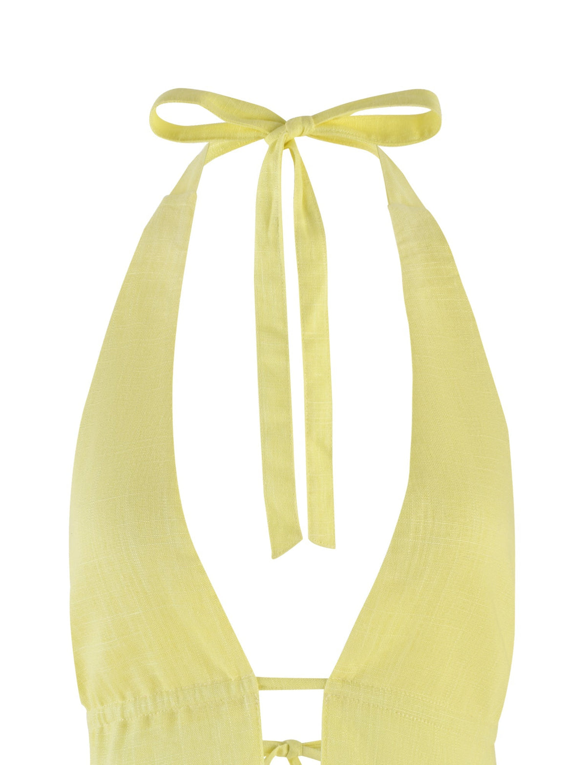 Close-up of the TIGERMIST LAINEY TOP in LEMON with a deep V neckline and a tie closure at the neck. The fabric appears lightweight and slightly textured. The top features a back tie detail for an adjustable fit. The image is set against a white background.