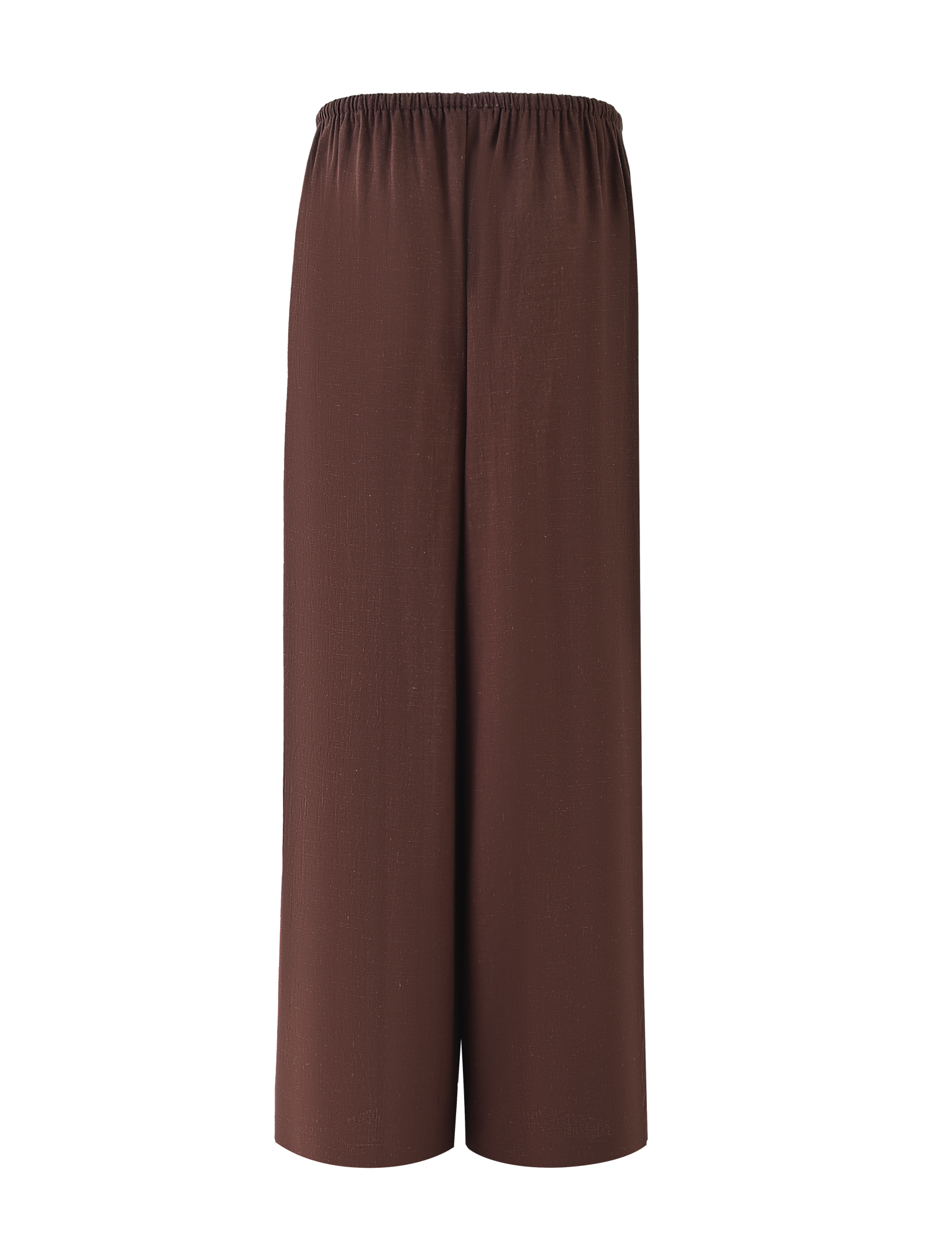 The LAINEY PANT - CHOCOLATE by TIGERMIST features a wide-leg linen design in brown with an elasticated waist, shown against a light background. The lightweight, flowy fabric offers effortless style.