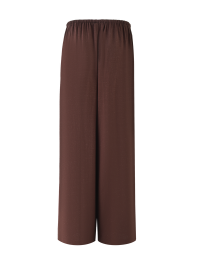 The LAINEY PANT - CHOCOLATE by TIGERMIST features a wide-leg linen design in brown with an elasticated waist, shown against a light background. The lightweight, flowy fabric offers effortless style.