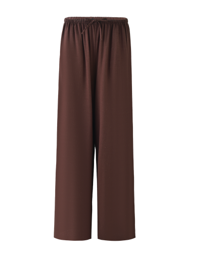 The TIGERMIST LAINEY PANT in chocolate features a loose fit, mid-rise, straight-leg design with an elasticated waist, shown against a plain background.
