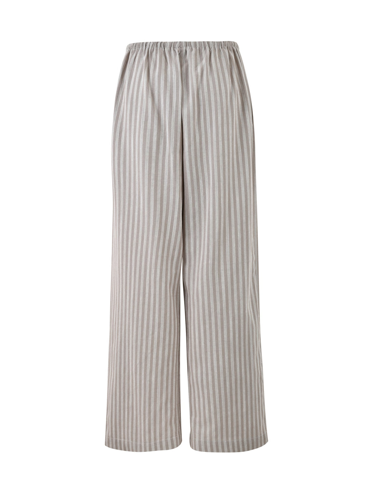 Introducing the LAINEY PANT - GREY : STRIPE by TIGERMIST, a pair of high-waisted, loose-fitting, wide-leg pants with an elastic waistband. These comfortable and relaxed pants are ideal for casual wear and feature vertical white and light gray pinstripes.