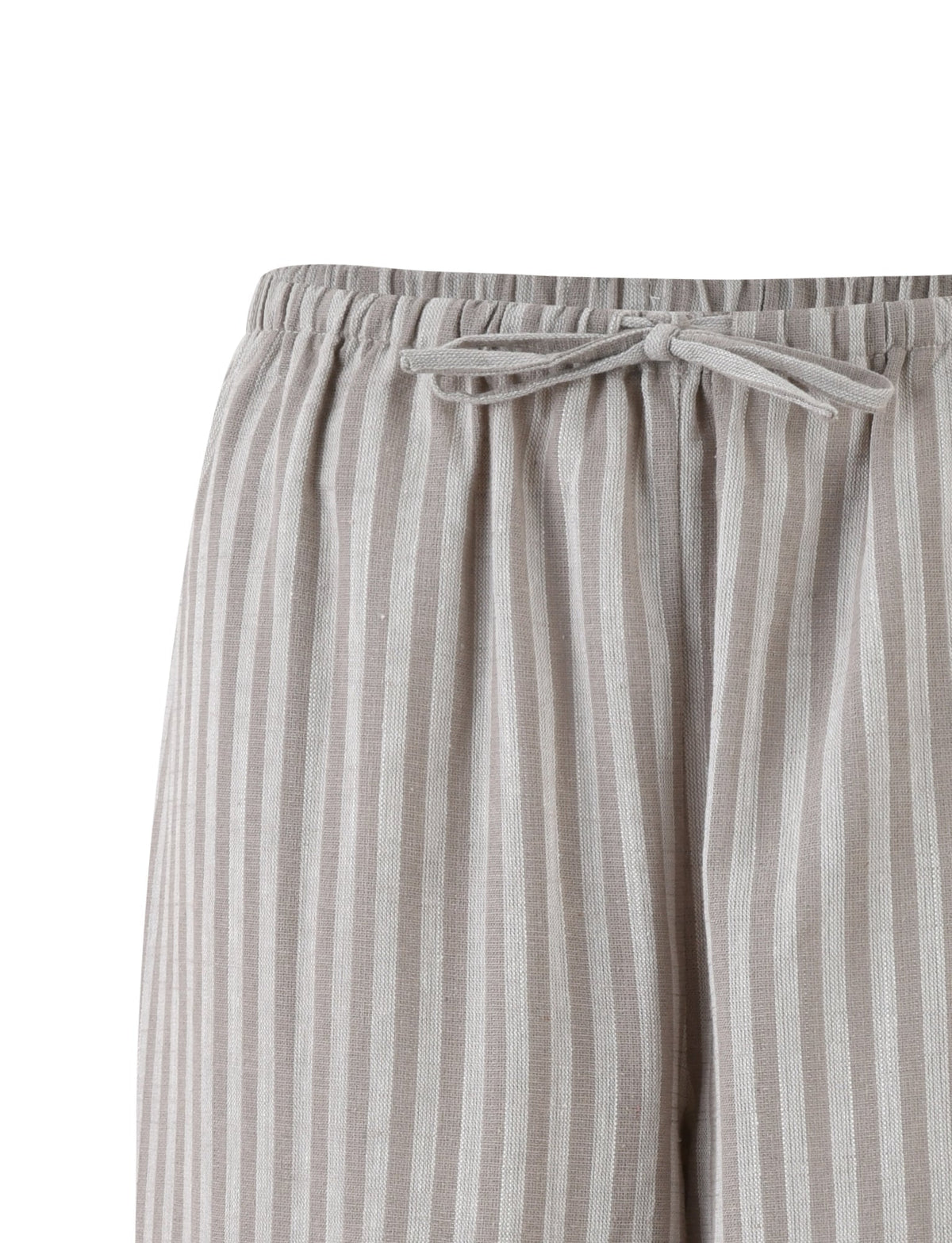 Close-up of the top portion of the LAINEY PANT - GREY : STRIPE by TIGERMIST, featuring an elastic waistband and a bow tied at the front. The fabric appears soft and comfortable. The pants are shown against a plain, white background.
