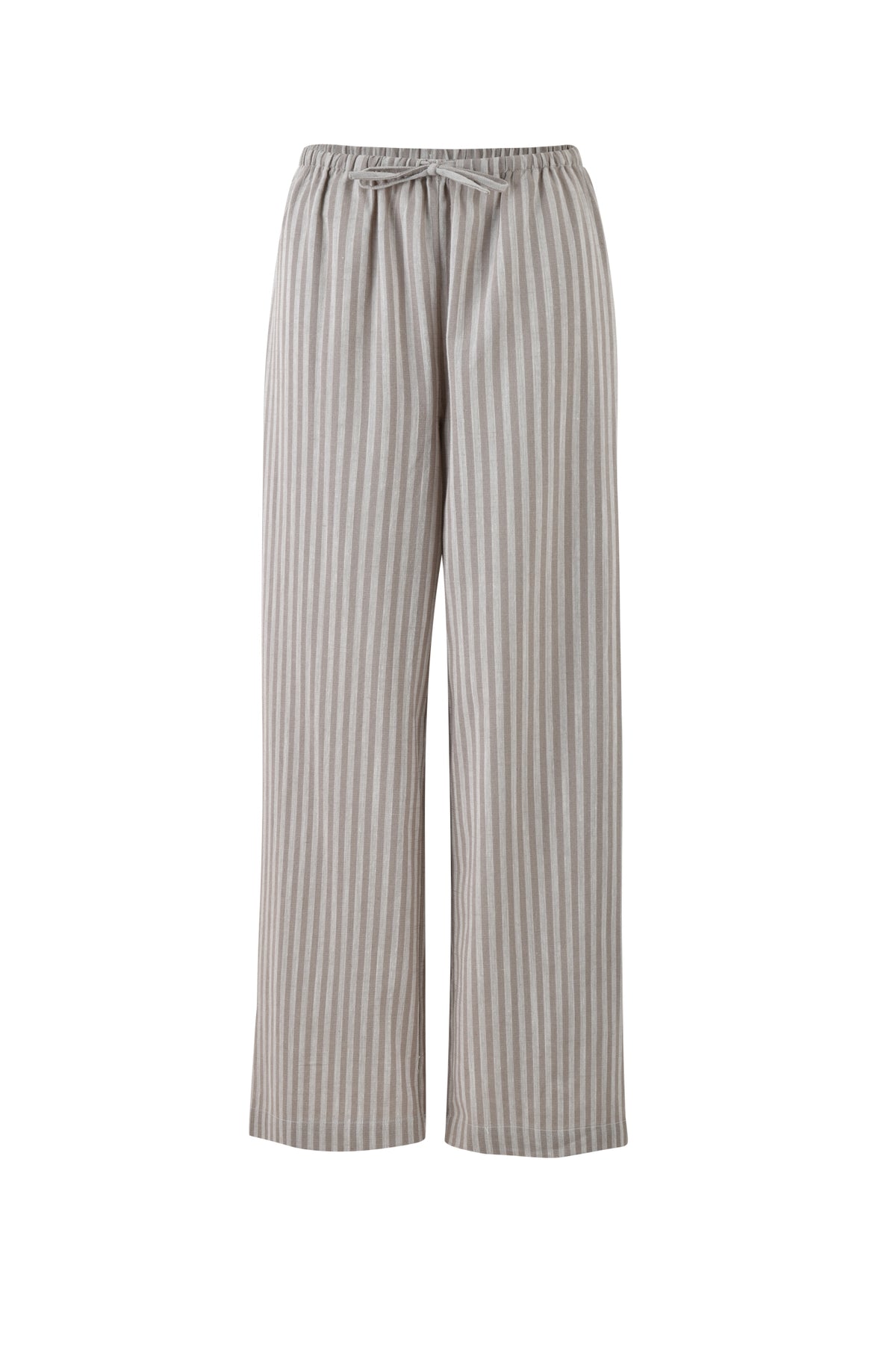 The LAINEY PANT in Grey Stripe by TIGERMIST is a pair of loose-fitting, high-waisted pants with a light beige and white vertical stripe pattern. Designed for comfort and style, these pants feature an elastic waistband with a drawstring and wide legs for a casual look.