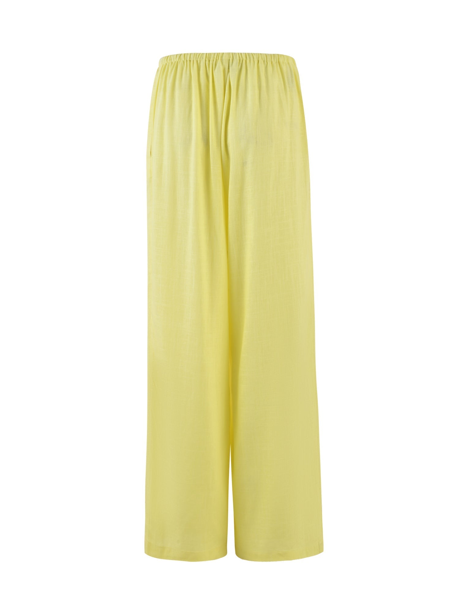 A pair of LAINEY PANT - YELLOW : LEMON from TIGERMIST with a bright yellow color and a relaxed, wide-leg fit. These pants feature an elastic waistband and are crafted from a light, flowy fabric, making them perfect for a casual and comfortable look. The photo is taken against a plain white background.