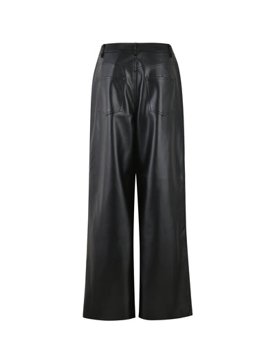 The LELA PANT - BLACK from TIGERMIST features a high-waisted design and back pockets. Crafted from black faux leather with a smooth, matte finish, these wide-leg pants are cropped above the ankles and shown from the rear view.
