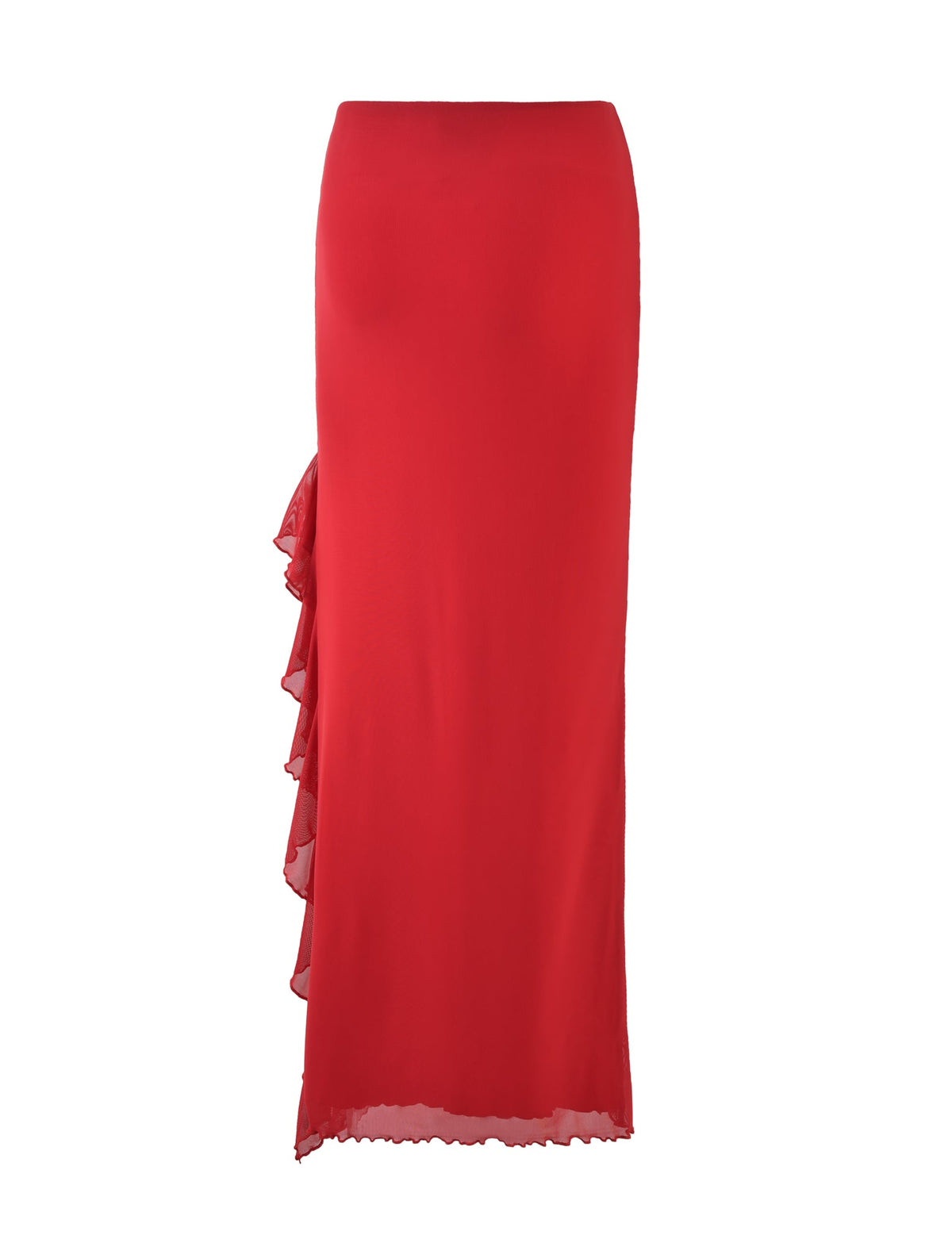 The LINETTE SKIRT - RED by TIGERMIST is a vibrant red, high-waisted maxi skirt featuring an asymmetrical ruffle cascading down the left side. It boasts a floor-length design with a sleek, elegant silhouette, perfectly embodying TIGERMIST's signature style.
