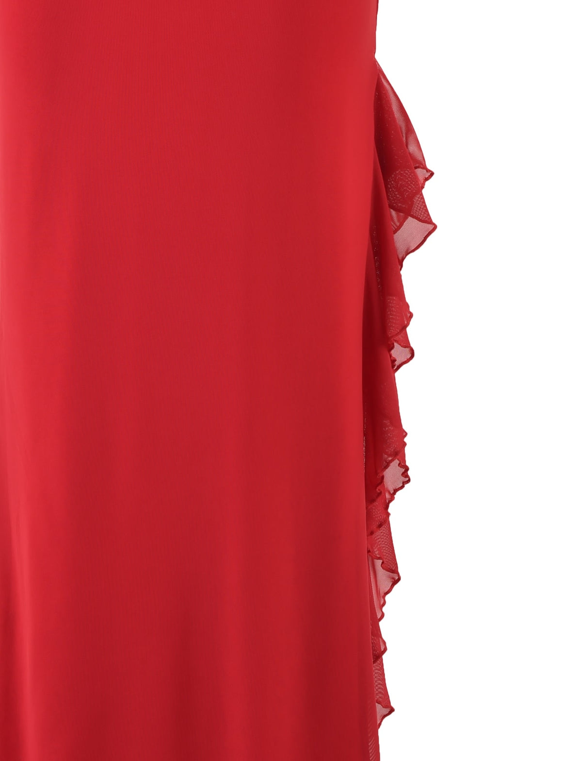 Close-up image of a flowing TIGERMIST LINETTE SKIRT in red, focusing on the side detail. The side features a series of layered, ruffled fabric, adding texture and dimension to the garment. The skirt boasts a smooth, vibrant red fabric with cascading ruffle accents.