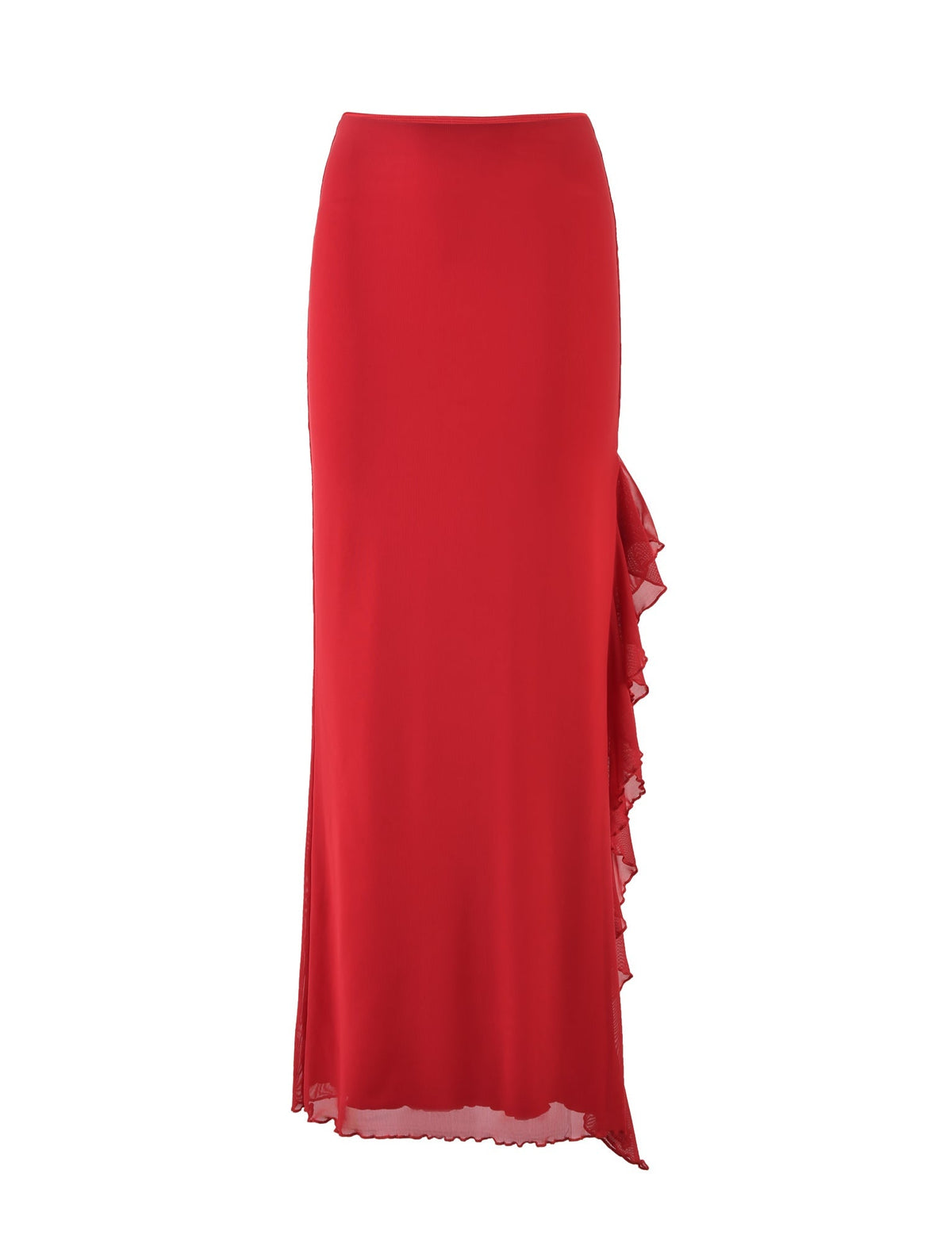 The LINETTE SKIRT - RED by TIGERMIST is a long, red skirt with a high waist and a cascading ruffle detail along one side. The fabric is smooth and slightly sheer, with the hemline falling just above the ankles, perfectly embodying chic style.