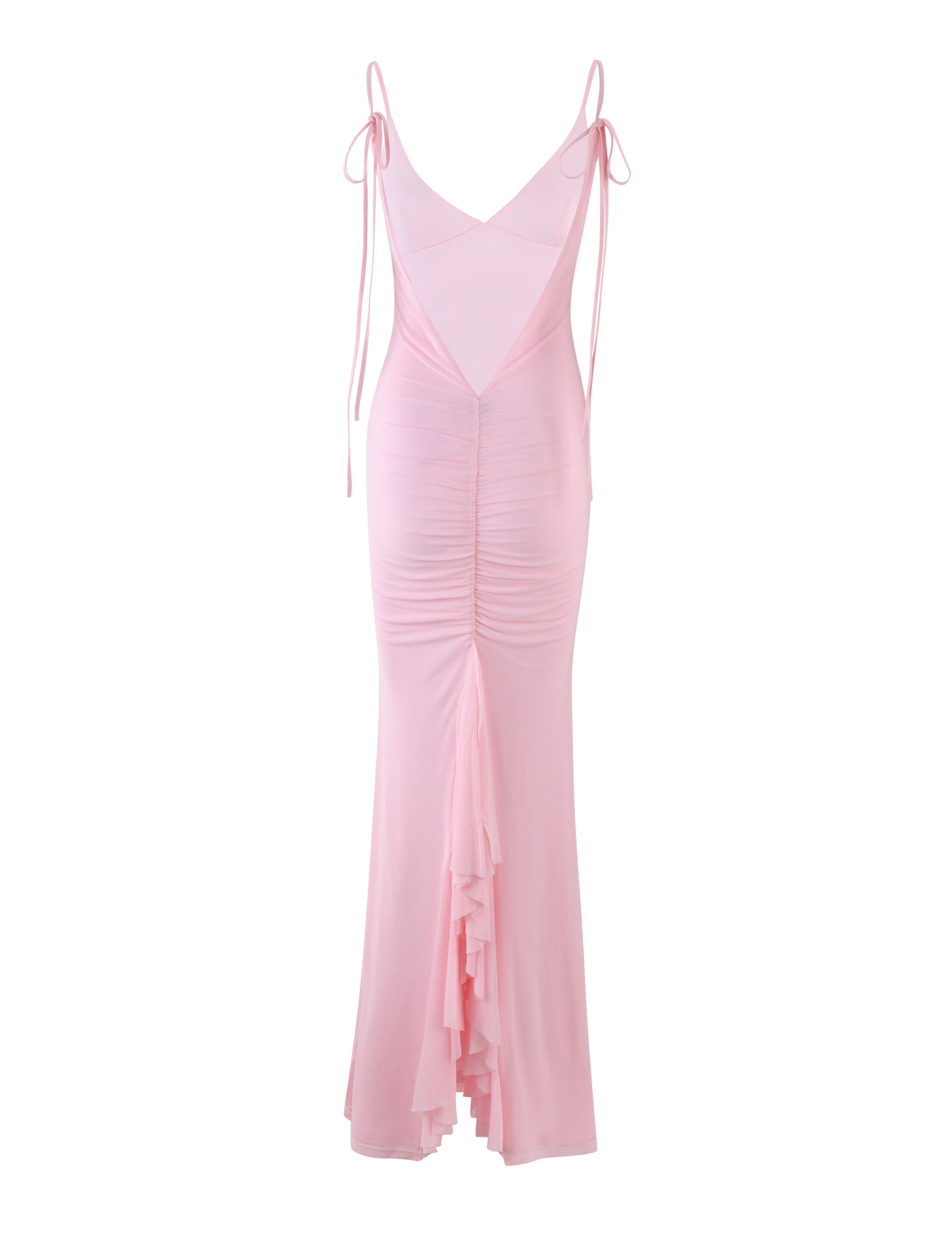 The KYLAH DRESS - PINK : BABY PINK by TIGERMIST is a long dress with spaghetti straps and a deep V back. It features a fitted bodice with ruching down the center, creating a textured effect. The skirt flares out slightly at the bottom, ending in a layered, ruffled hem.