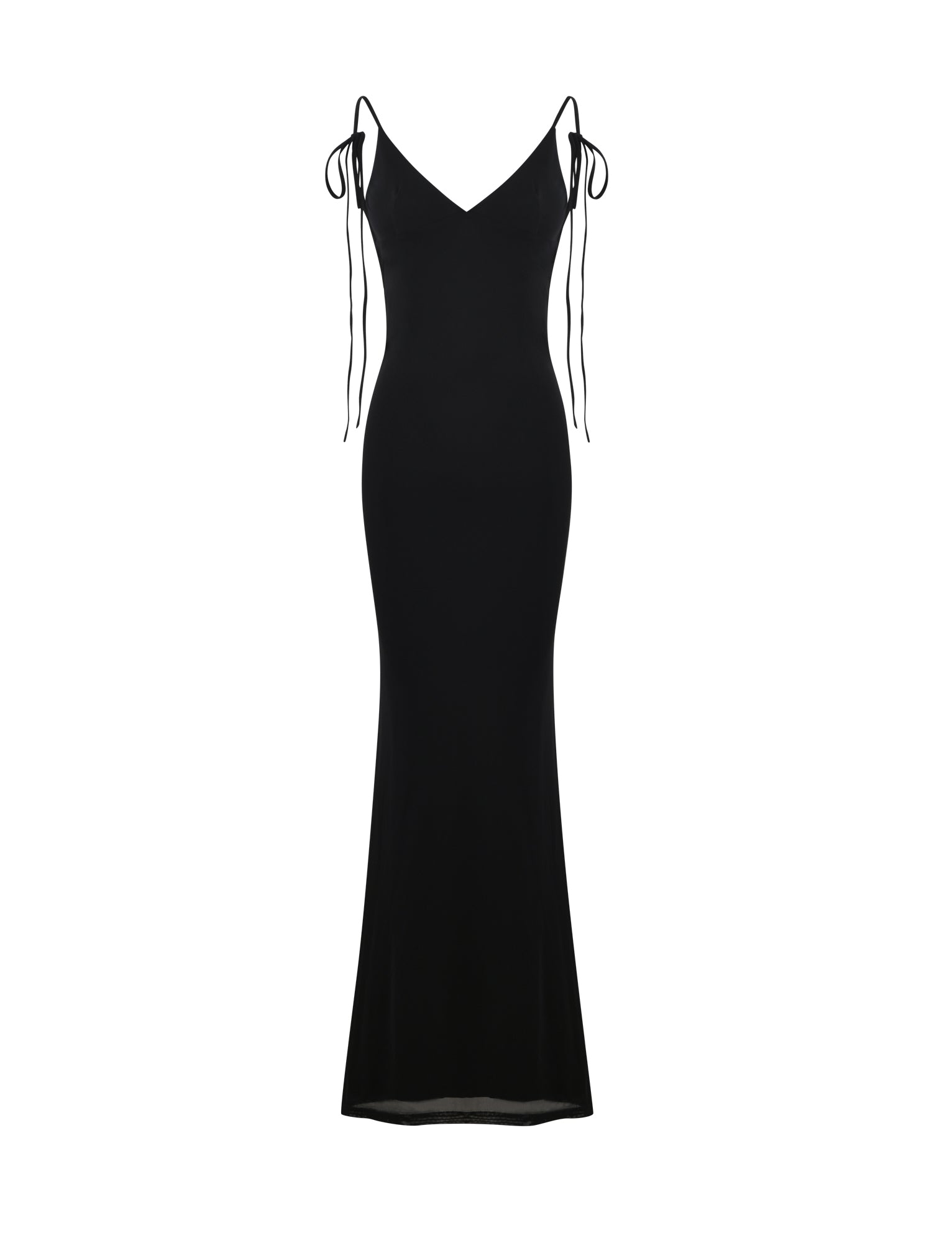 The KYLAH DRESS - BLACK from TIGERMIST is a sleek and elegant evening gown featuring a fitted bodice, flowing skirt, and spaghetti straps tied into bows at the shoulders. With its V-neckline and slightly flared hem, this dress creates a sophisticated, timeless silhouette.