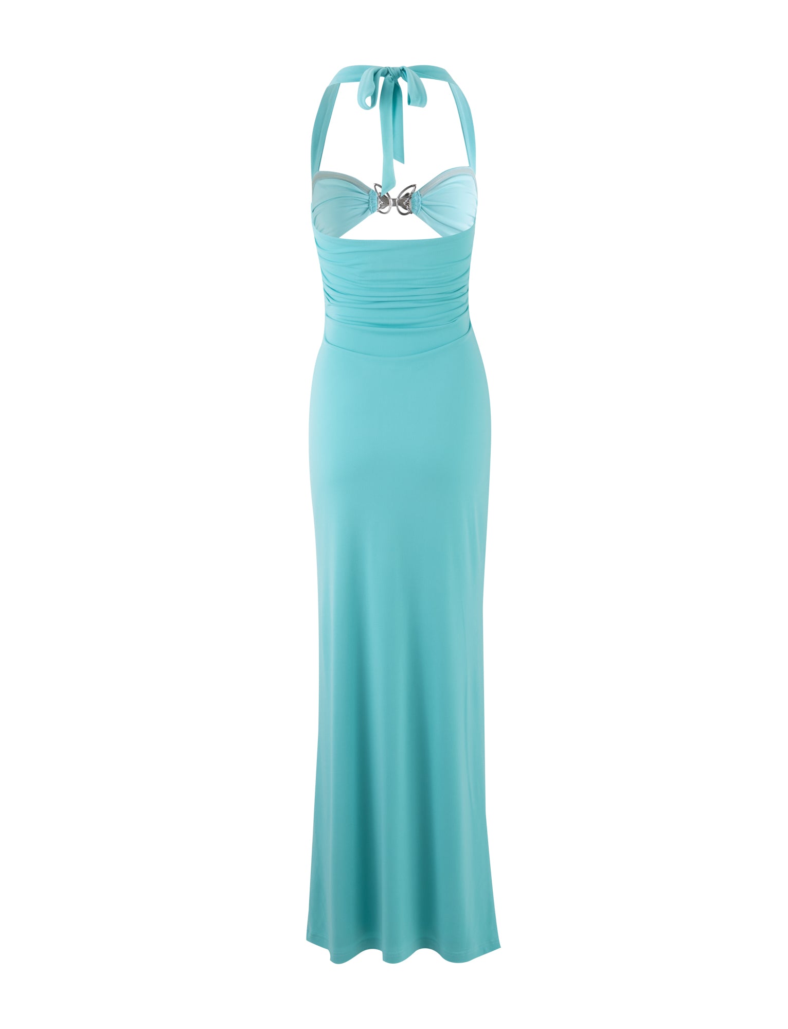 A baby blue, floor-length halter dress with a sweetheart neckline. The bodice is ruched and features a central metallic ornament. The halter straps tie at the neck, and the fabric appears smooth and flowing, embodying the chic allure of TIGERMIST's signature style with their Coraline Dress - Blue.