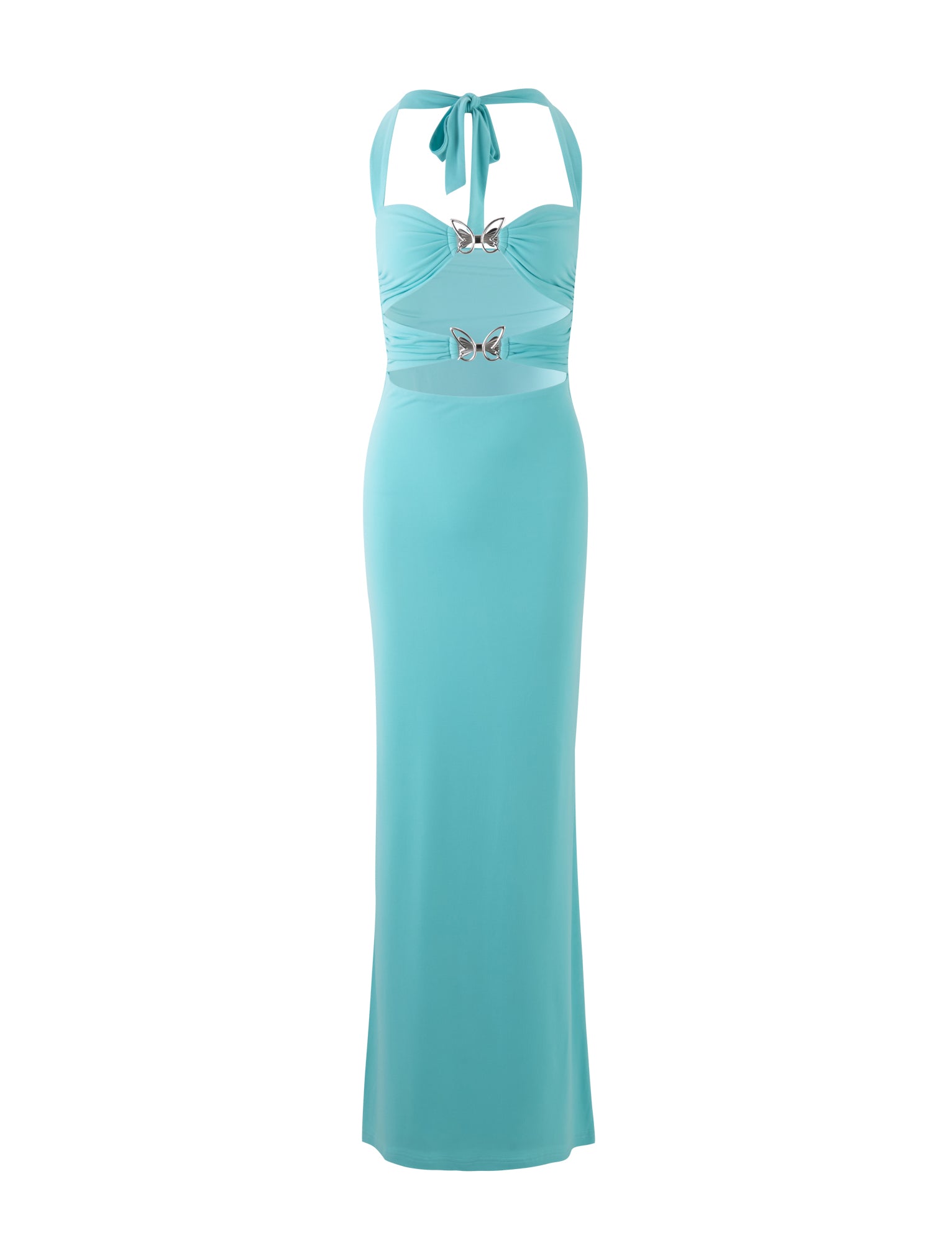 Introducing the CORALINE DRESS in Baby Blue by TIGERMIST – a stunning halter-neck design featuring two silver butterfly embellishments on the bodice. This floor-length dress showcases cut-out details below the bust and offers a form-fitting silhouette. The halter ties at the neck add a feminine touch, making it perfect for any special occasion.