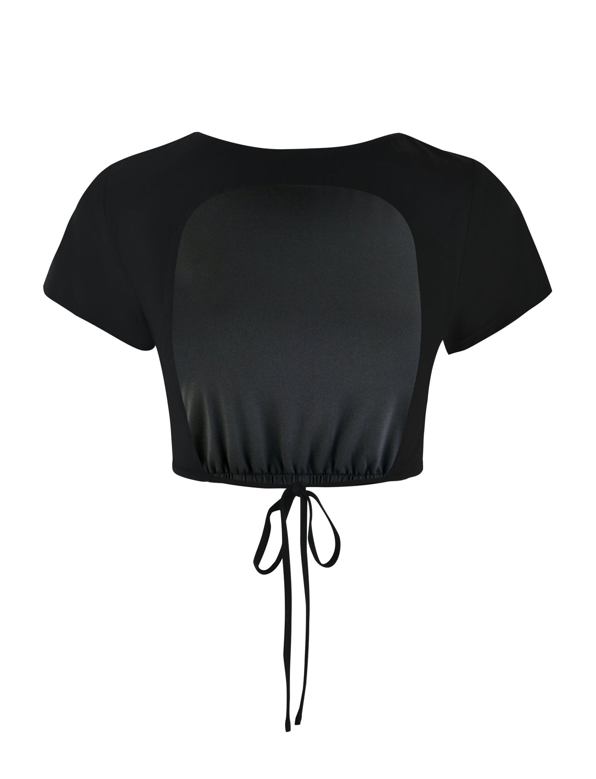 The TIGERMIST HADLEY TOP in black features a stylish back view with a wide cut-out in the center. This short-sleeved crop top is accented with gathered detailing and an adjustable tie string at the bottom, adding a chic touch to the design.