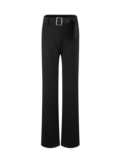 The HADLEY PANT - BLACK by TIGERMIST is a stylish pair of black high-waisted trousers featuring a wide leg cut. These trousers come with decorative belt loops and a matching black belt adorned with a silver buckle. The fabric is smooth and slightly stretchy, ensuring a tailored yet comfortable fit.