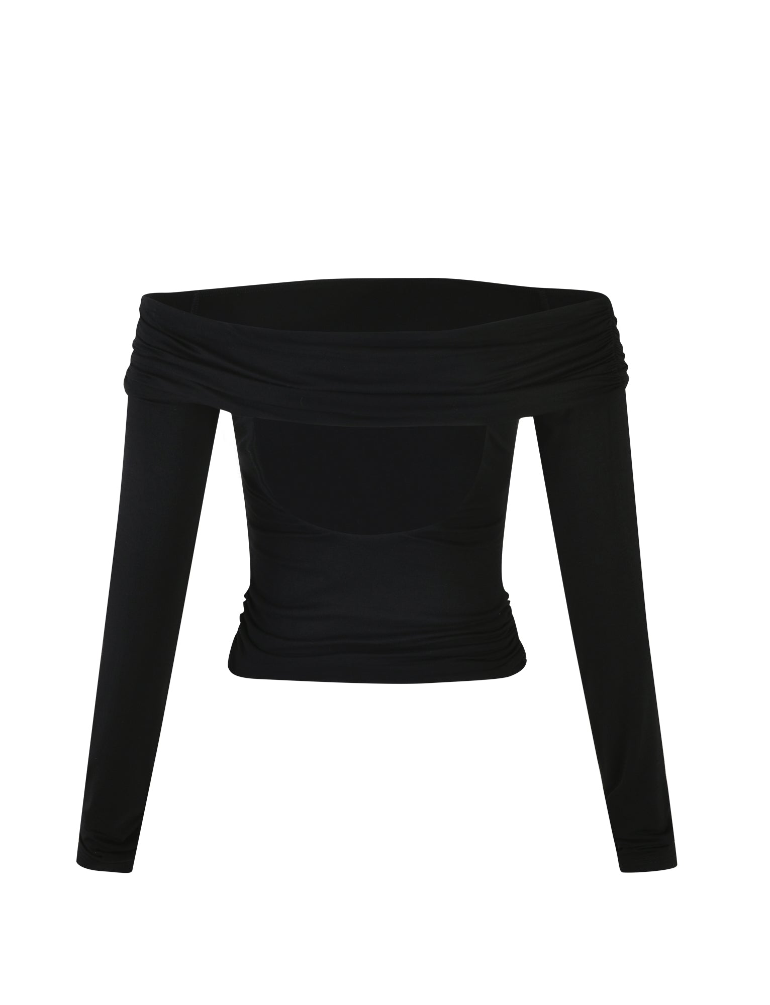 The INDIANA TOP - BLACK by TIGERMIST is a black off-shoulder long-sleeve top featuring a fitted design with ruched detailing around the neckline and waist. This sleek and minimalist piece is perfect for various casual or semi-formal occasions.