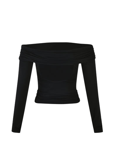 The INDIANA TOP - BLACK by TIGERMIST is a black off-shoulder long-sleeve top featuring a fitted design with ruched detailing around the neckline and waist. This sleek and minimalist piece is perfect for various casual or semi-formal occasions.