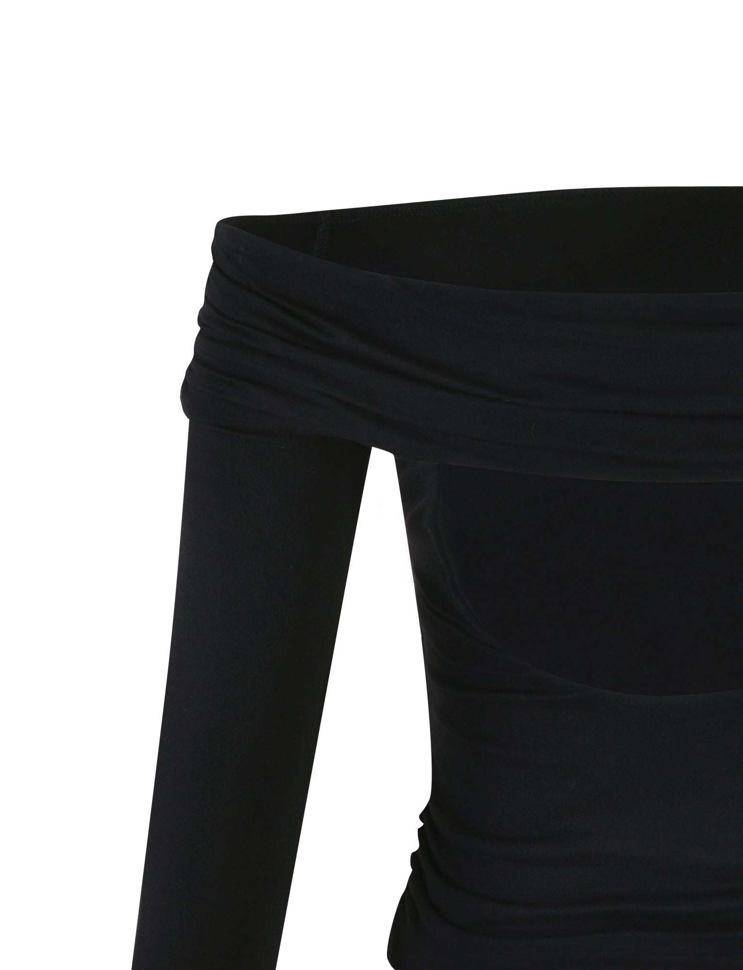Off-the-shoulder, long-sleeve INDIANA TOP - BLACK with a ruched neckline by TIGERMIST. The image shows a close-up of the upper part of the garment.
