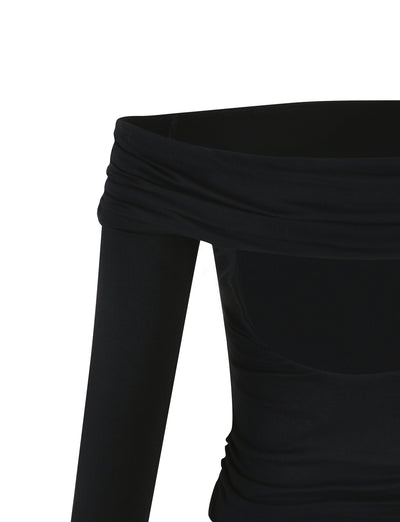 Off-the-shoulder, long-sleeve INDIANA TOP - BLACK with a ruched neckline by TIGERMIST. The image shows a close-up of the upper part of the garment.