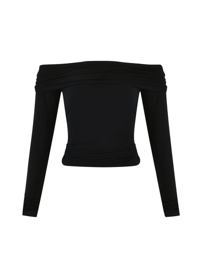 The INDIANA TOP - BLACK from TIGERMIST is a chic off-the-shoulder top featuring long sleeves and a fitted design. The stretchy fabric ensures a snug fit around the torso and arms, while the softly draping neckline creates an elegant look across the shoulders.