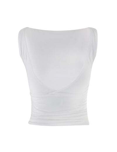 The GWYN TOP - WHITE by TIGERMIST is a stunning women's sleeveless top, featuring a deep V-neck and ruched detailing at the sides. The fabric is fitted and stretchy, designed to hug the body perfectly. The plain white background highlights the simplicity and elegance of this stylish piece.