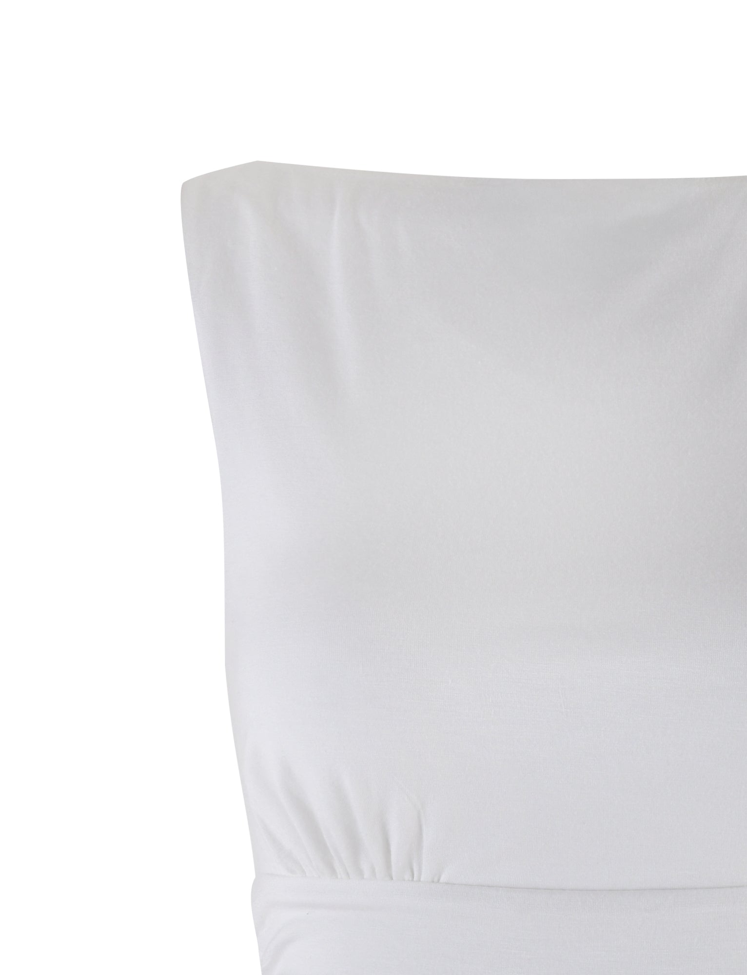 A close-up image of the upper part of the GWYN TOP - WHITE by TIGERMIST, a sleeveless garment with a straight neckline. The fabric has a smooth texture and slight gathering at the seams under the bust area.