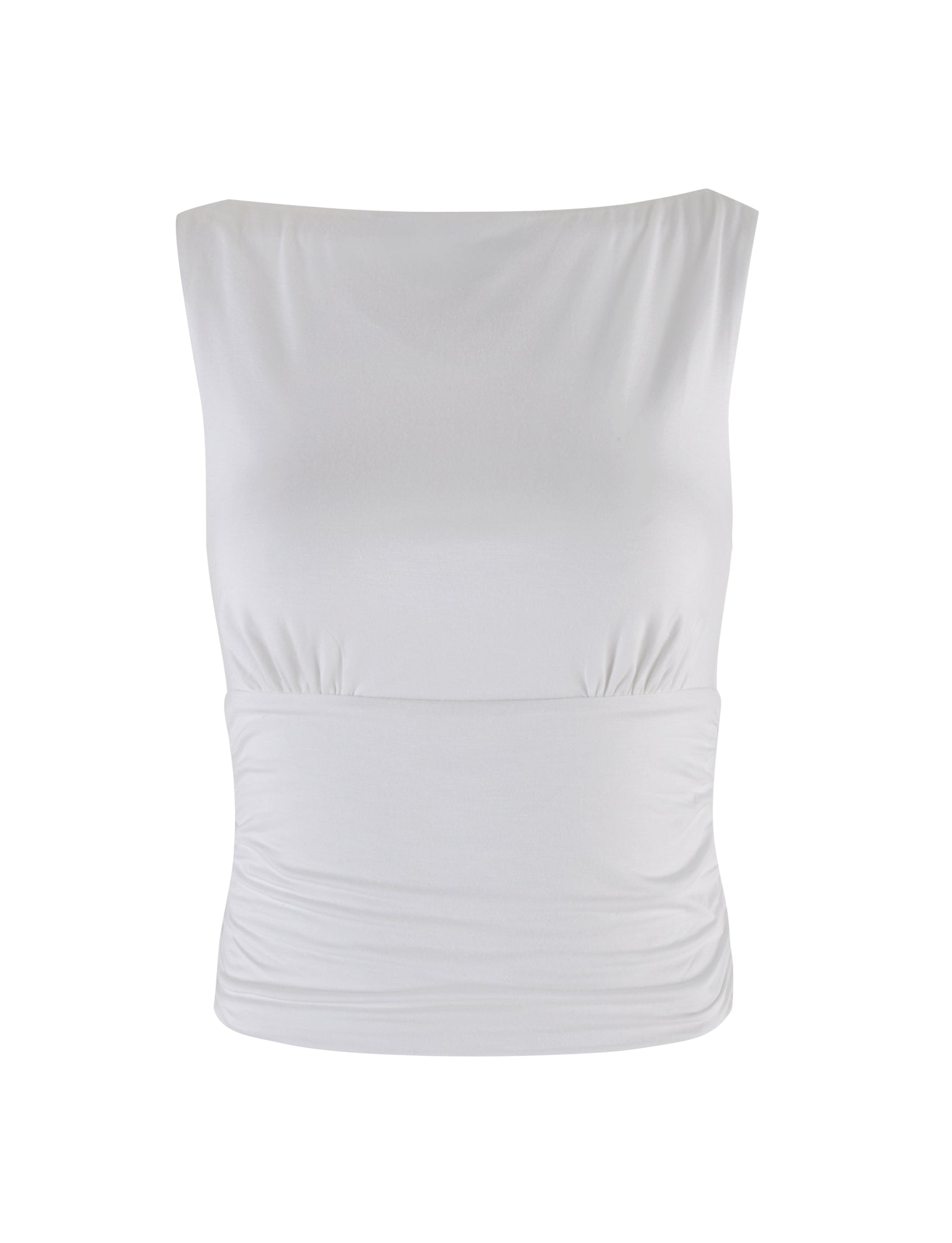 The GWYN TOP - WHITE by TIGERMIST is a sleeveless, fitted blouse featuring a subtle boat neckline and delicate side ruching. Its smooth, slightly stretchy fabric ensures a snug fit around the bust and waist. This simple yet elegant design is perfect for various occasions.