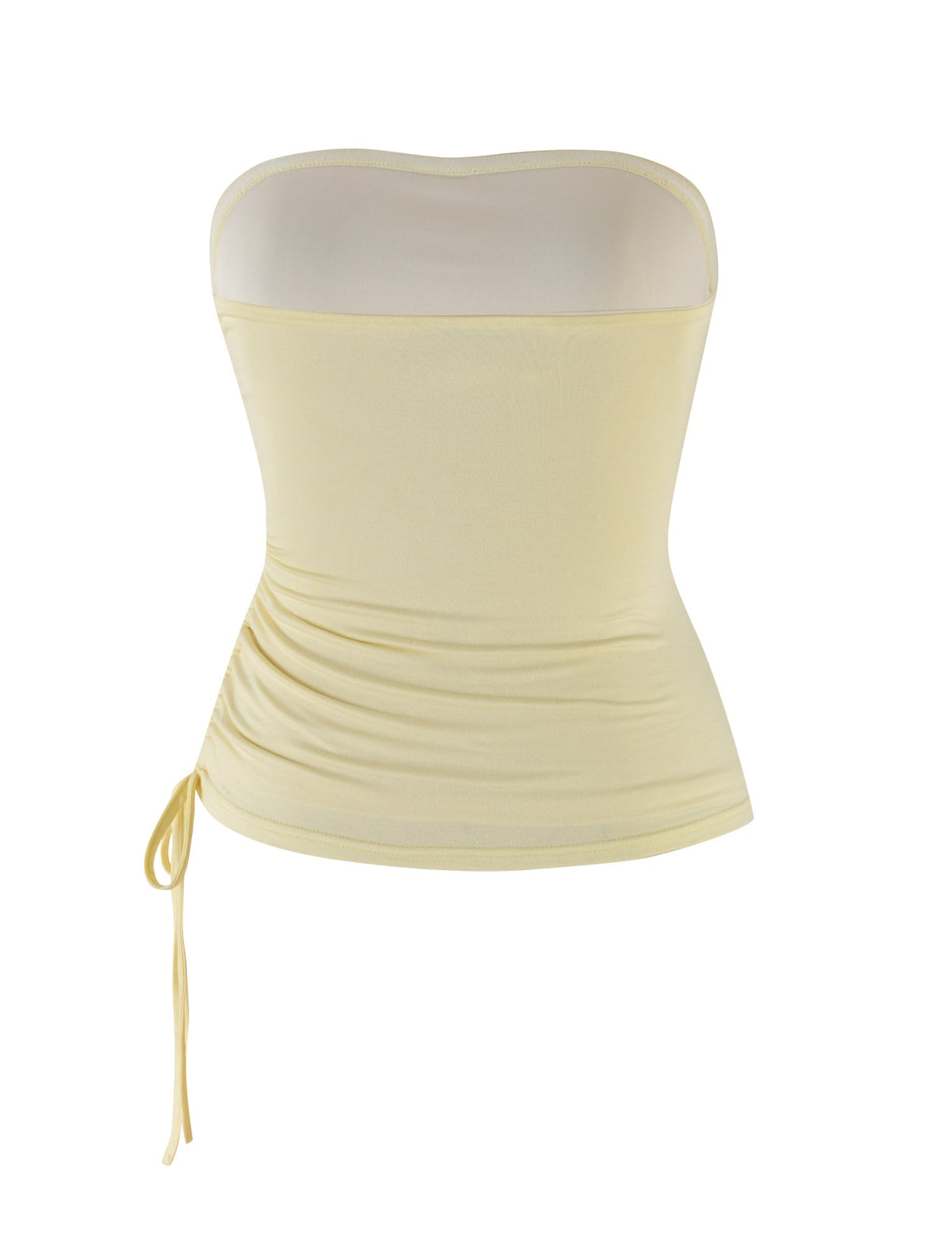 The DARIAN TOP - YELLOW : BUTTER by TIGERMIST is a strapless tube top with a ruched side tie detail. Crafted from high-stretch fabric, this form-fitting top features a smooth, simple design and embraces a bodycon silhouette.