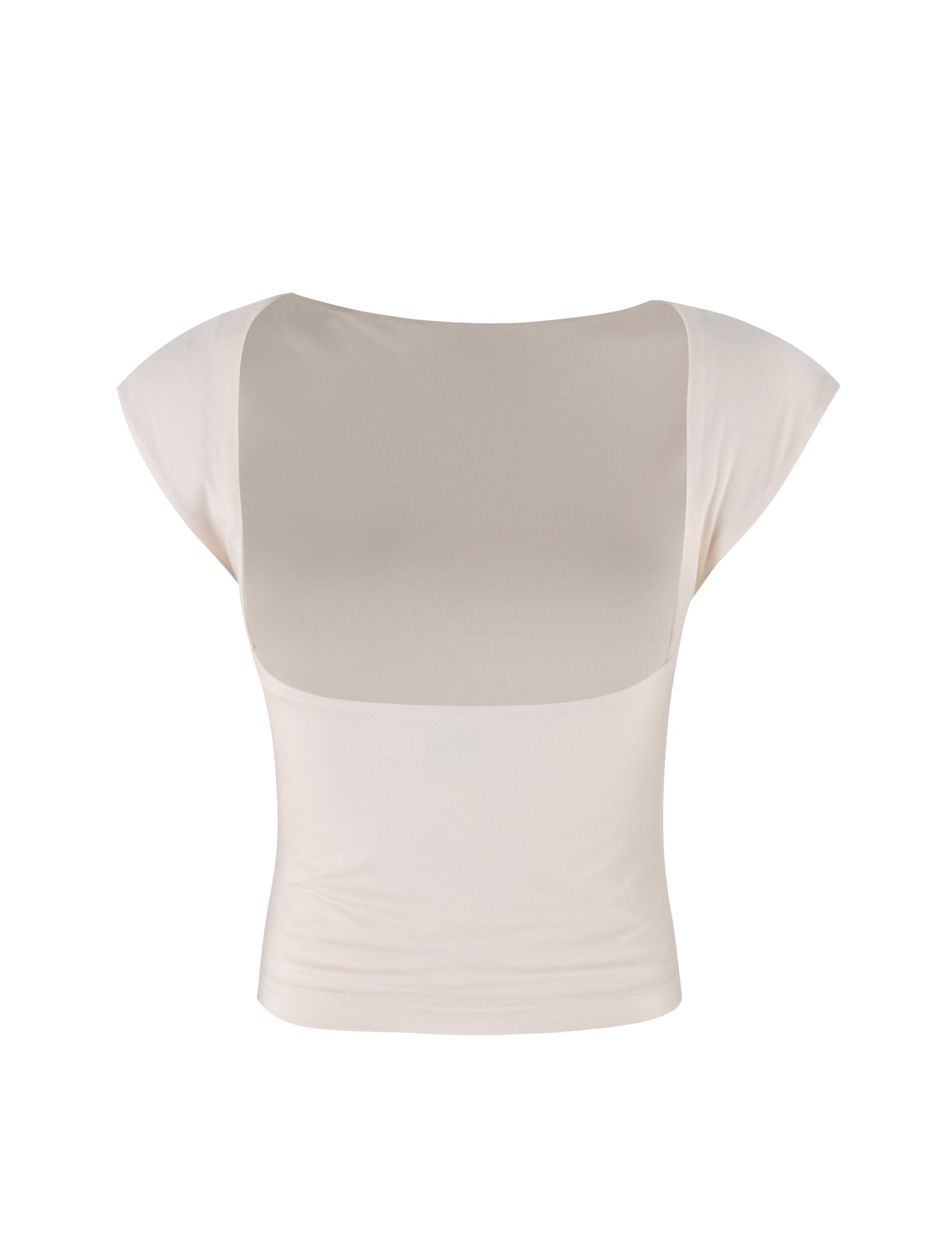 The RYLAN Top from TIGERMIST in Beige (Sand) is a cream-colored, short-sleeved cropped top featuring a wide, rounded neckline and a form-fitting design. Made from smooth, slightly stretchy material, it offers a sleek and minimalist look.