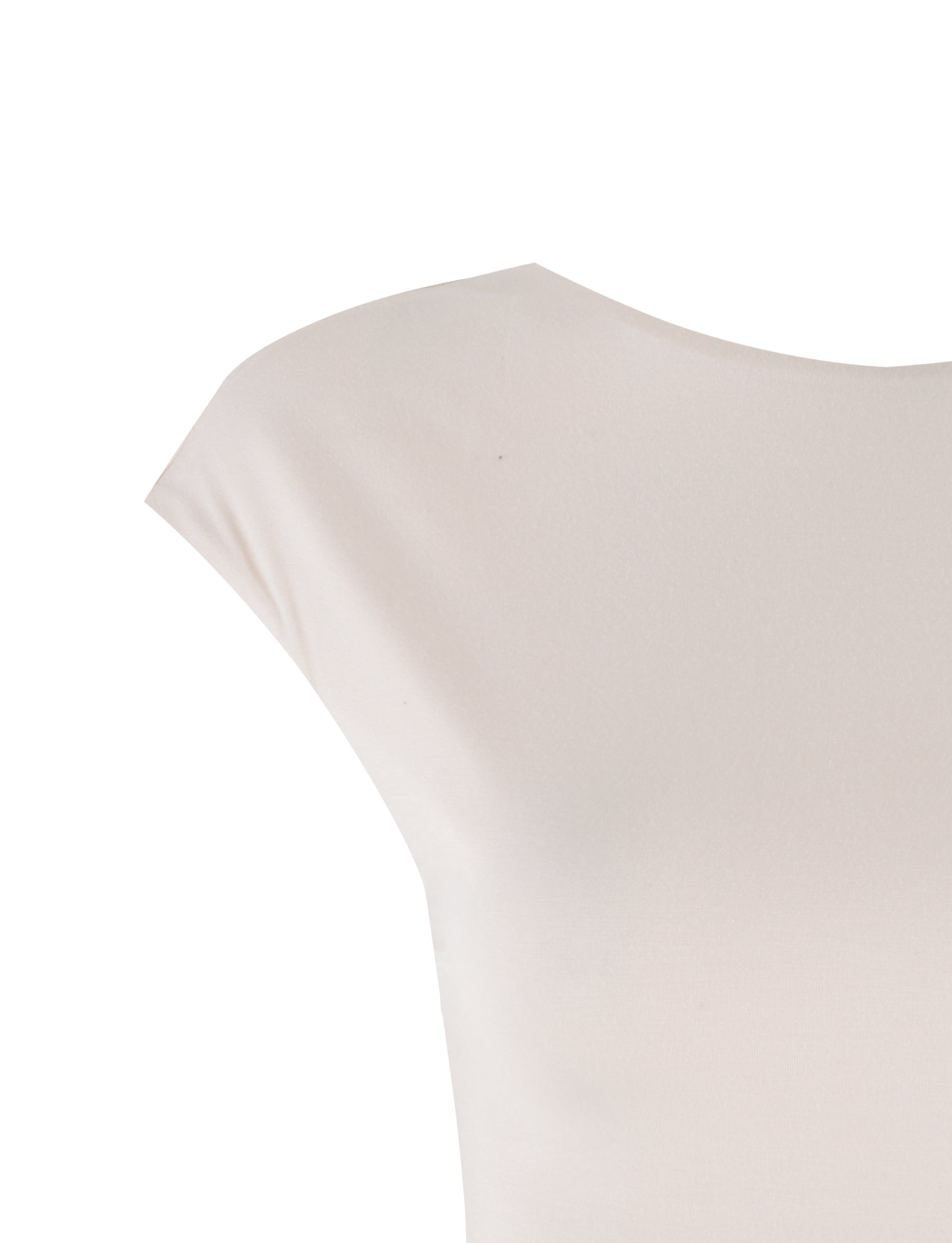 Close-up of the RYLAN TOP - BEIGE : SAND from the TIGERMIST collection, featuring a smooth, light-colored fabric with a round neckline and short sleeves. The fabric appears to be elegant and finely crafted, with a slight sheen. The image focuses primarily on the shoulder and neckline area.