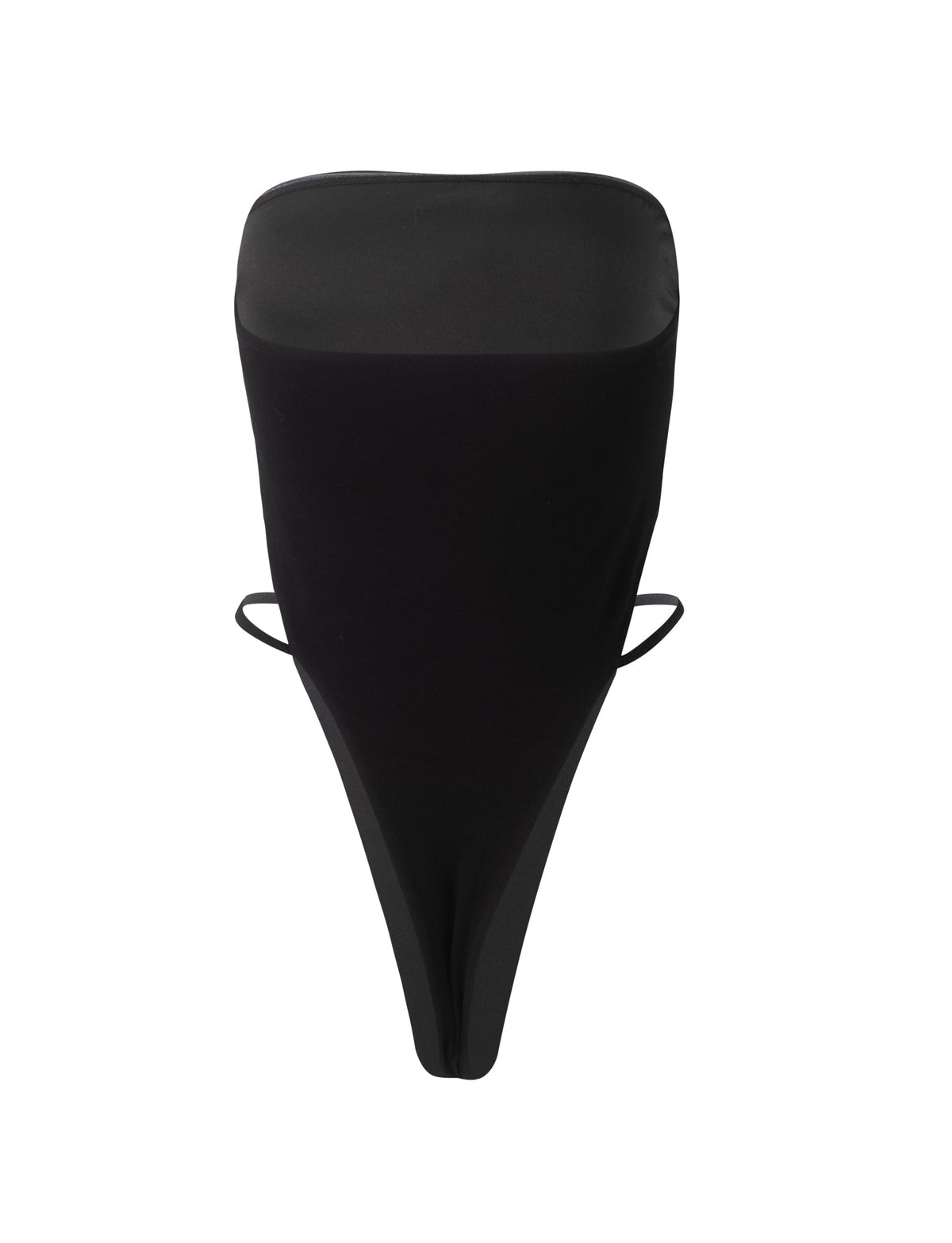 The FINIAN BODYSUIT - BLACK from TIGERMIST is a sleek one-piece bandeau swimsuit featuring strapless top, high-cut leg openings, and side strings for an added touch of style. The smooth, form-fitting fabric design stands out against a plain white background.