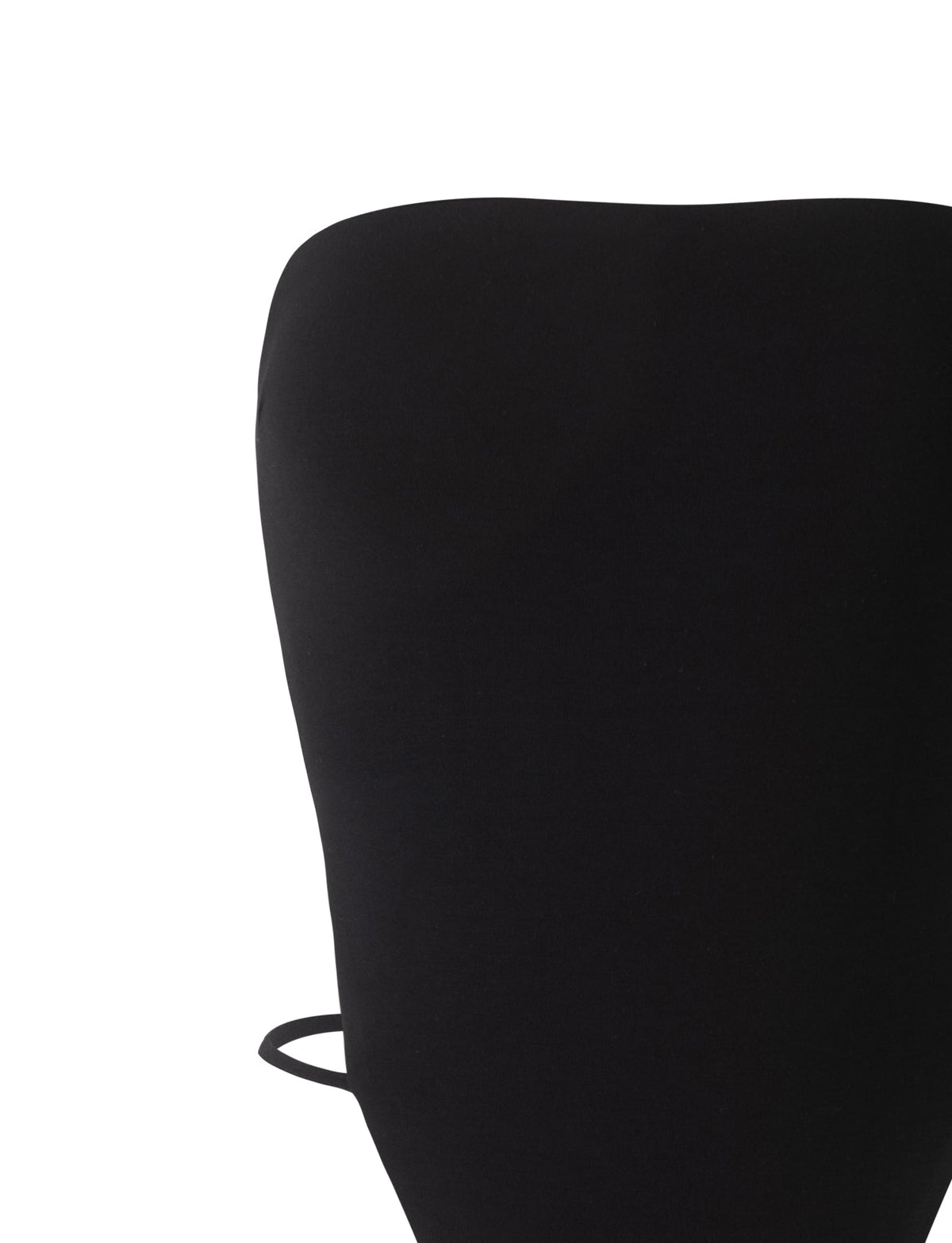 Close-up image of the top section of a black, strapless Finian Bodysuit by TIGERMIST against a white background. The bodysuit is smooth and form-fitting, with a simple, elegant design. A small, curved strap can be seen partially on the left side.