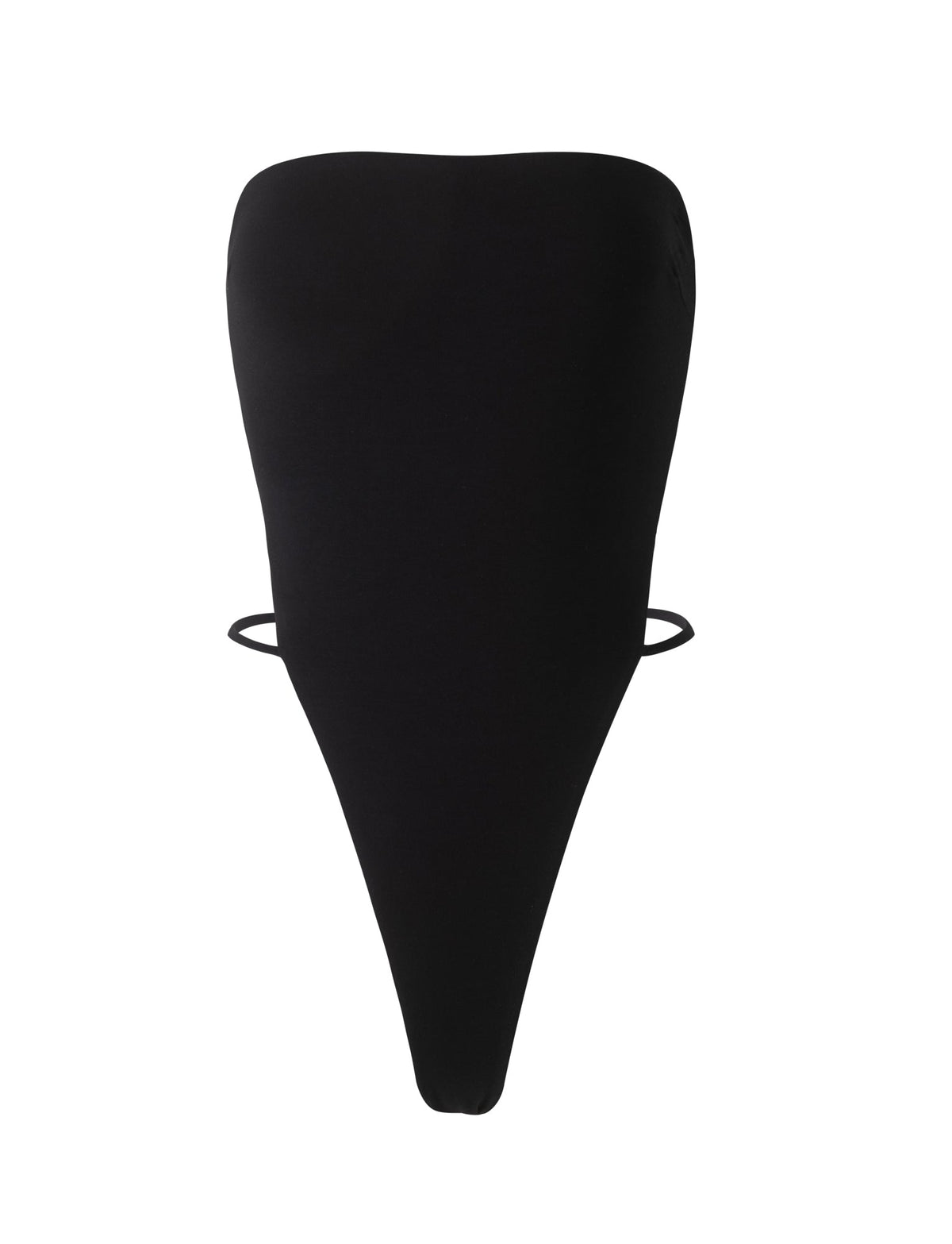 A minimalist, black Finian Bodysuit by TIGERMIST with a high-cut design. The bodysuit features thin side straps and a sleek, smooth finish. The plain white background ensures the bodysuit remains the focal point of the image.