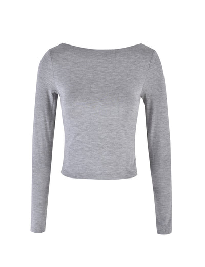 A fitted women's top with long sleeves and a boat neckline, in light grey, from TIGERMIST's Quinnell collection is shown against a white background.
