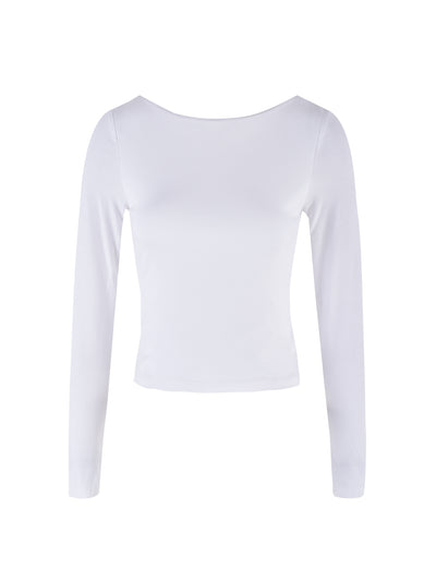 The QUINNELL TOP - WHITE from TIGERMIST, a sleek long-sleeve, scoop-neck top with a fitted style, is displayed against a white background.