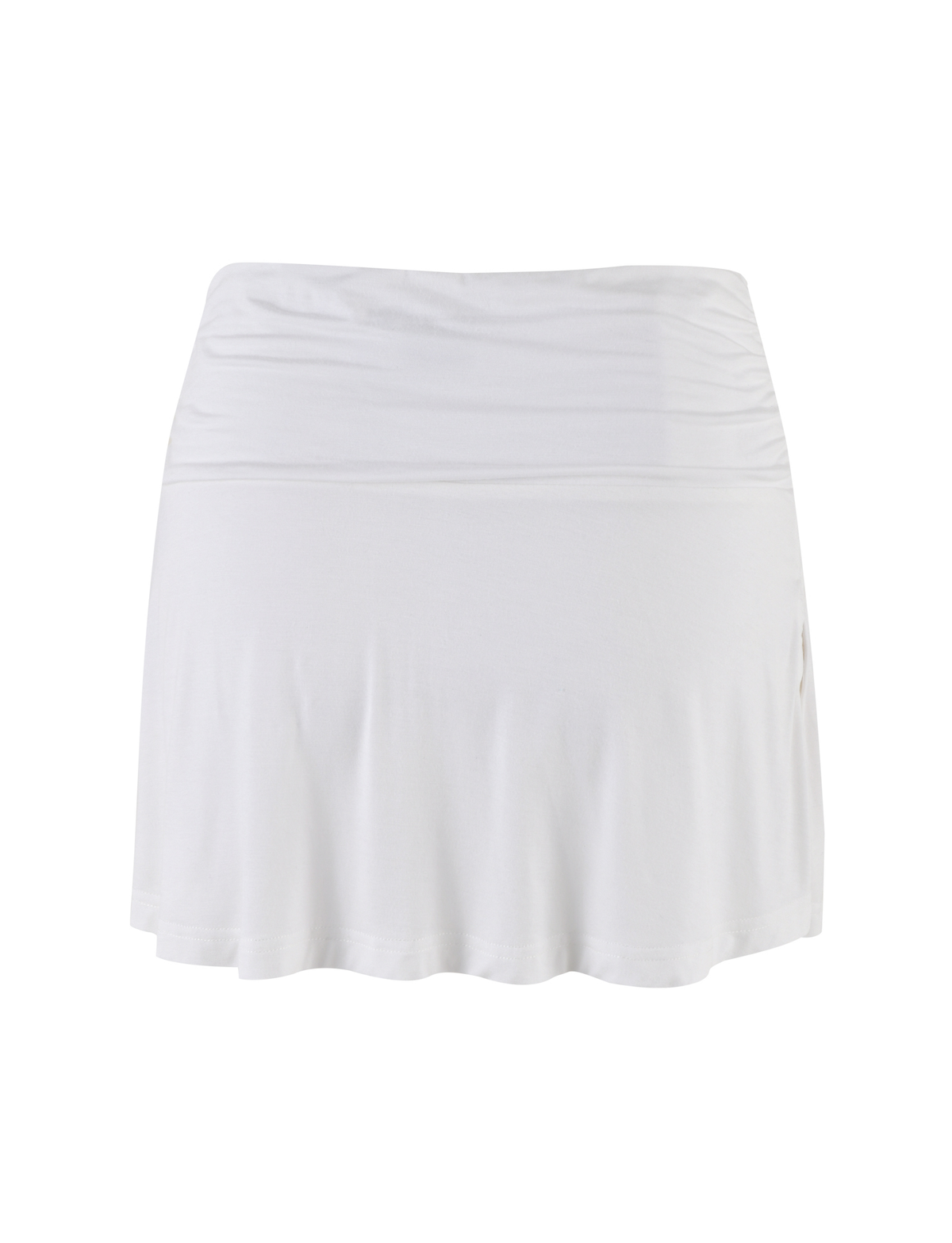 The VERITY SKORT by TIGERMIST is a white, knee-length flared skort featuring a wide waistband and soft jersey fabric, shown against a plain white background.