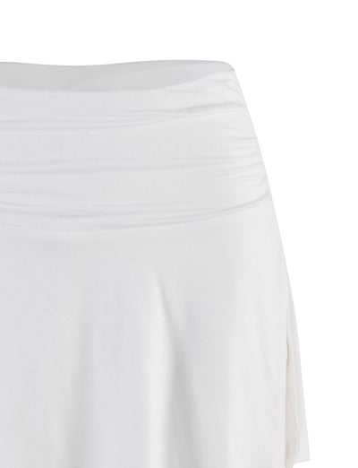 A close-up of the upper section of the TIGERMIST VERITY SKORT in white, featuring a ruched waistband and soft, lightweight fabric, displayed against a plain white background.