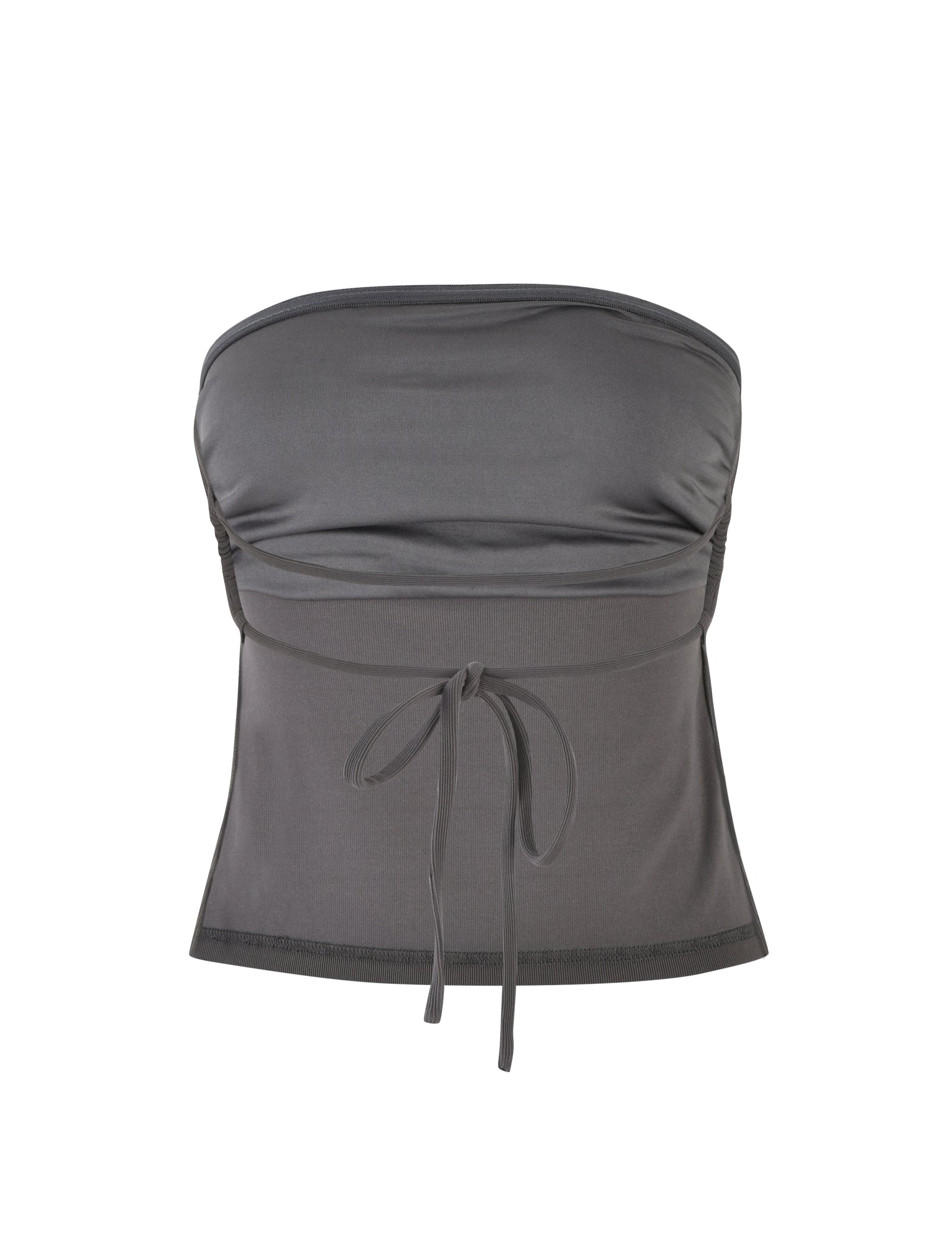 The TIGERMIST SONATA TOP - GREY : CHARCOAL is a strapless crop top with a fitted design, ruching, and a small tie at the front, creating an elegant gathered effect. This dark grey top offers a simple yet stylish look that complements various casual outfits.