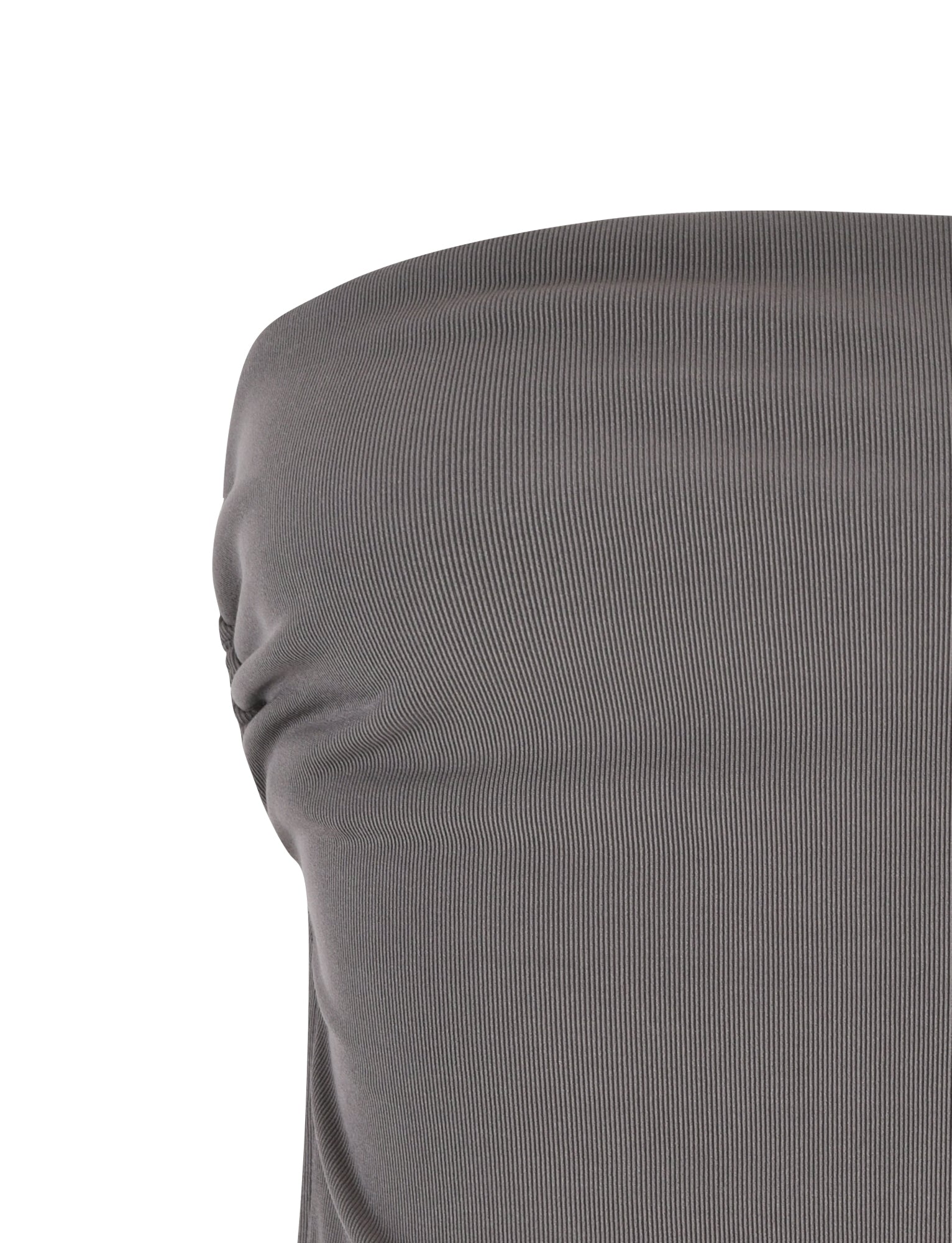 This image showcases a close-up of the SONATA TOP in charcoal grey by TIGERMIST. The texture exhibits fine vertical ribbed lines and appears slightly gathered on one side, highlighting its stylish design.