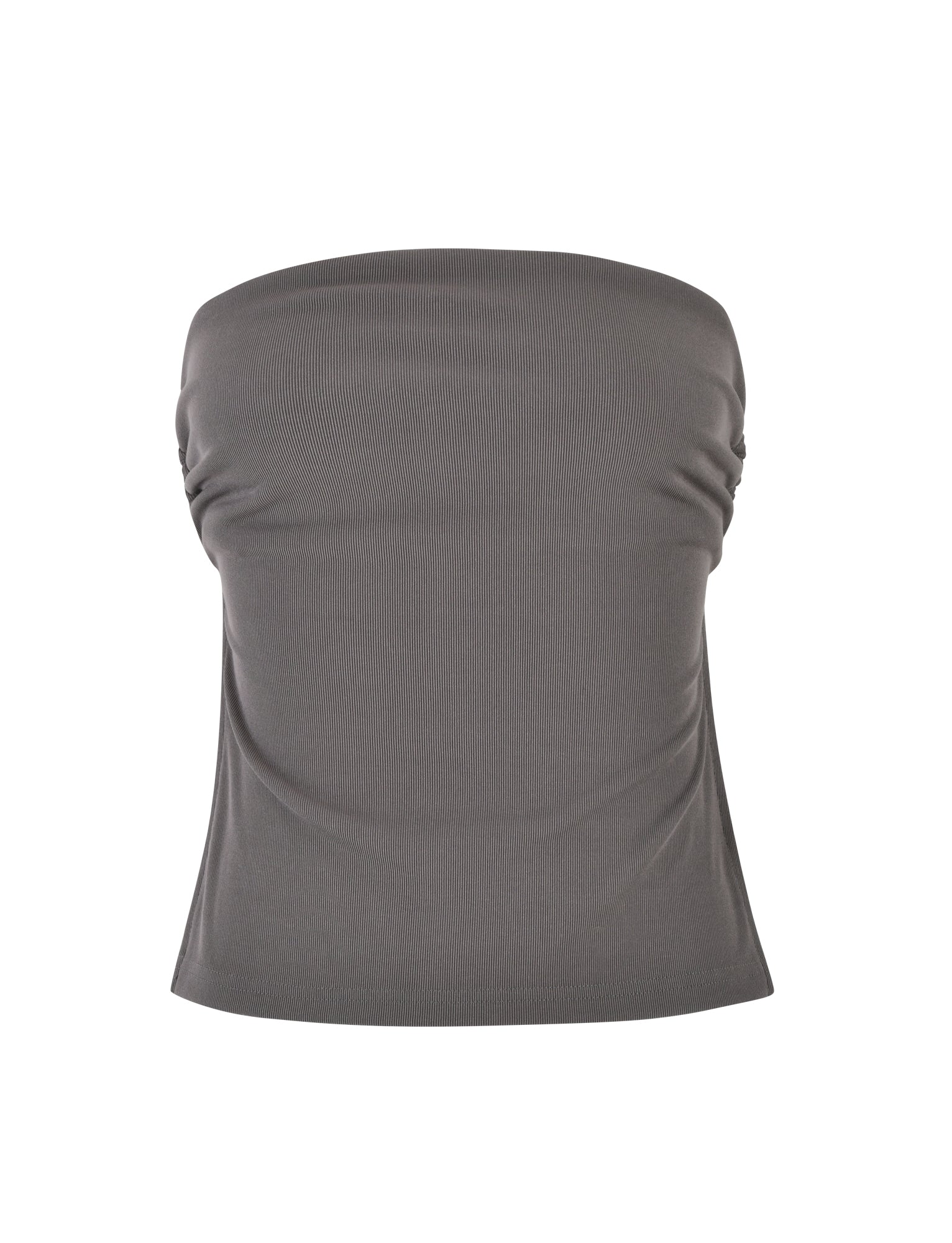 The SONATA TOP - GREY: CHARCOAL from TIGERMIST is displayed against a white background. The dark grey, strapless tube top has a smooth and form-fitting fabric with slight ruching on the sides, creating a snug fit around the bust.