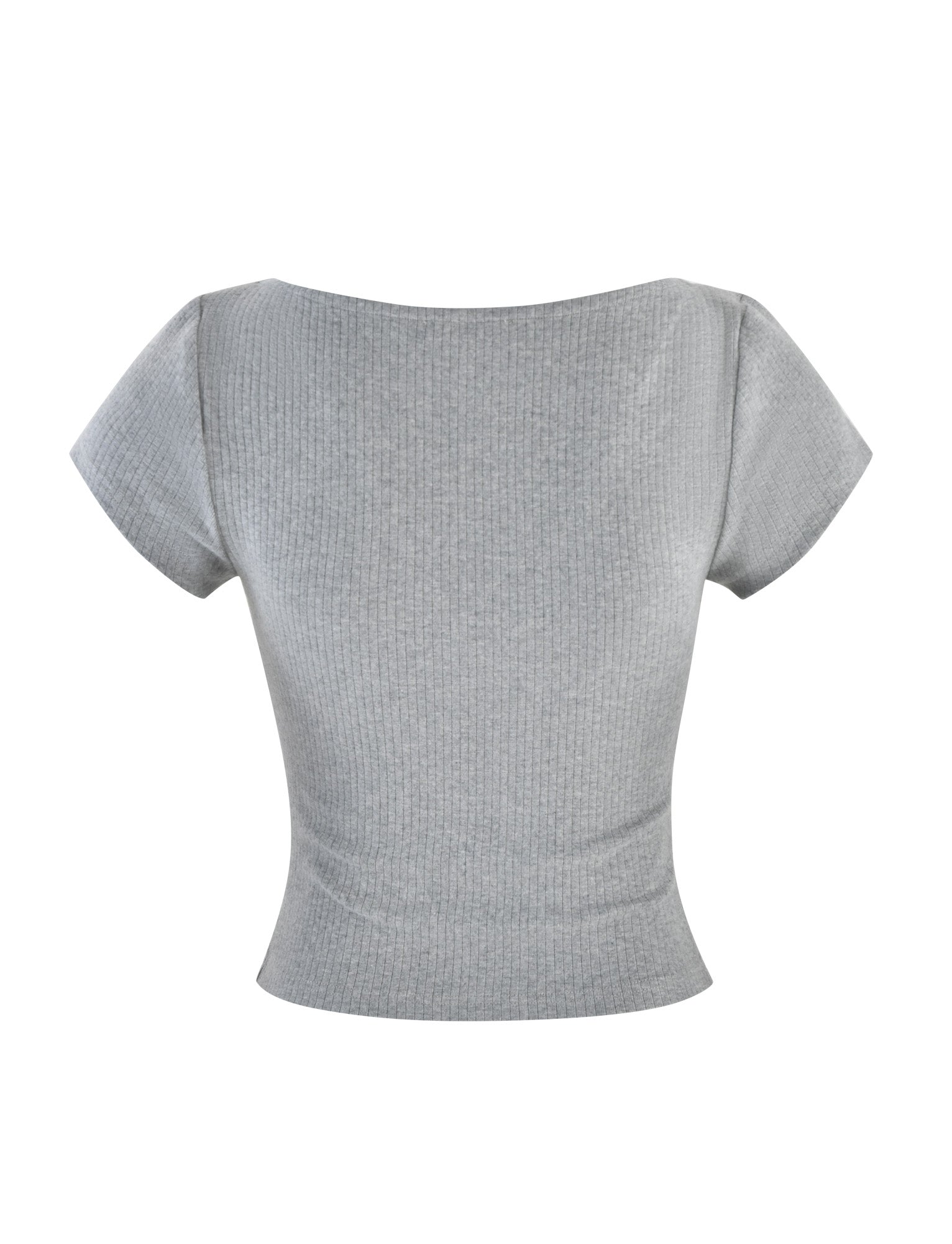 The KAVAT TOP - GREY : DOVE GREY from TIGERMIST is a light gray, short-sleeved ribbed knit top featuring a wide neckline and fitted waist. The soft and comfortable fabric makes it ideal for casual wear, while its simple and elegant design offers versatility for various outfits.