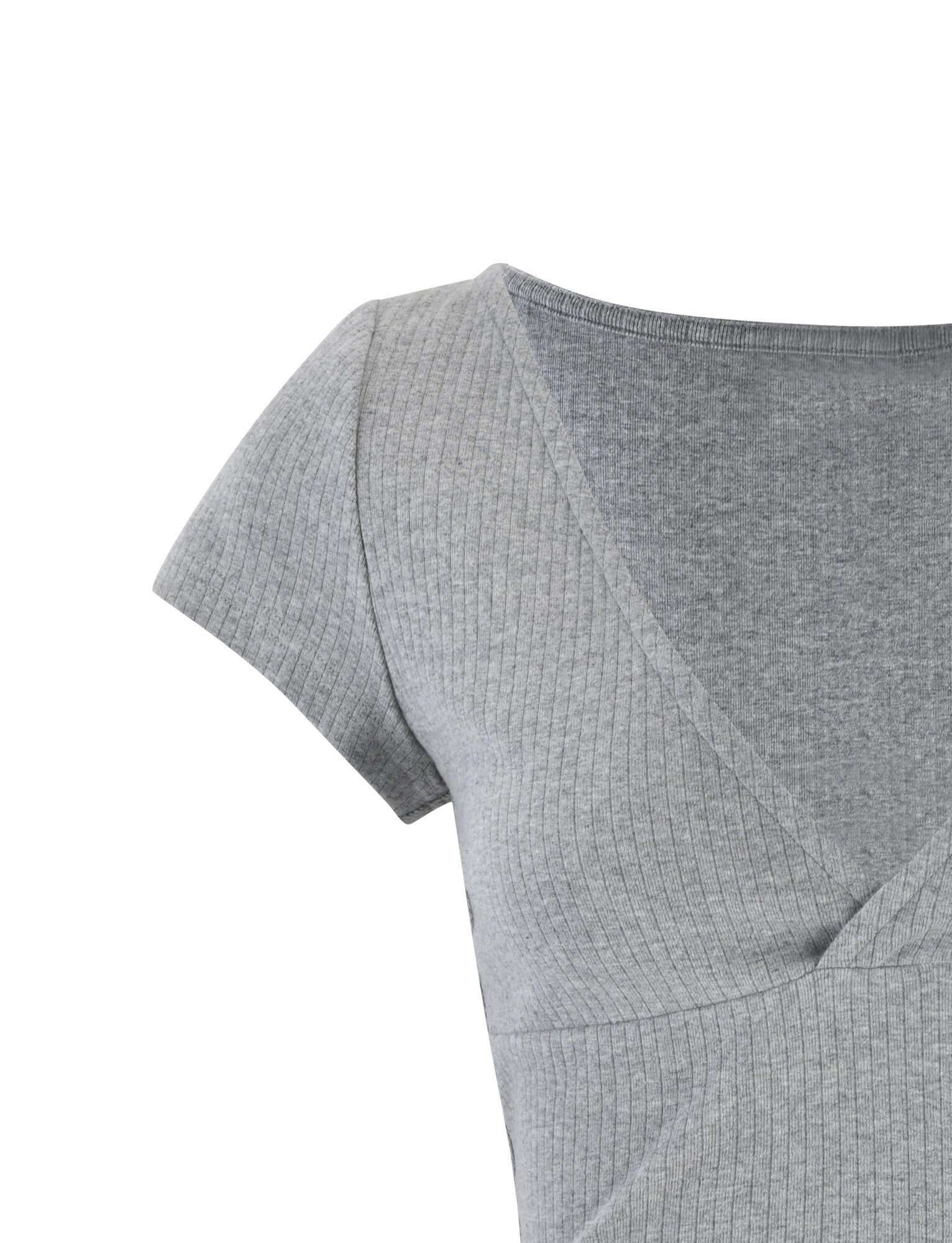 A close-up view of the TIGERMIST KAVAT TOP in Dove Grey, showcasing its ribbed knit fabric with short sleeves and a V-neckline. The soft material features a crisscross design at the front, with only part of the upper torso and sleeves visible in the image.